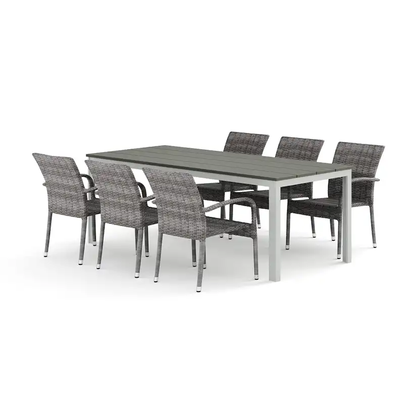 Trädgårdsgrupp Comfort Garden Tunis utomhus matgrupp 205x90 cm med 6 Thor Light Trädgårdsfåtölj