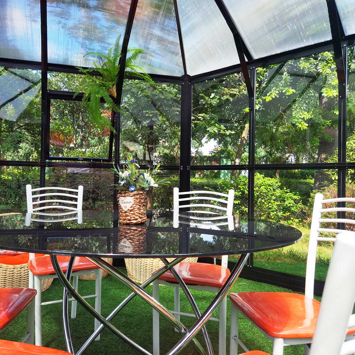 Växthus/Orangeri Metalcraft Hexagon Svart Aluminiumstomme med UV-Skyddat & Härdat Säkerhetsglas, 12,6 m²
