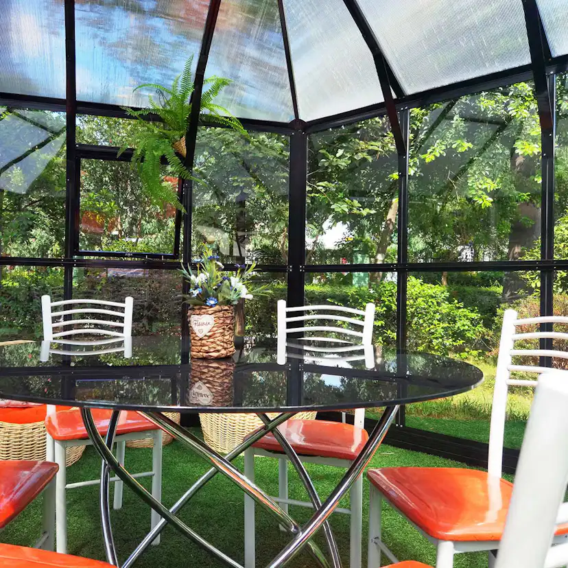 Växthus/Orangeri Metalcraft Hexagon Svart Aluminiumstomme med UV-Skyddat & Härdat Säkerhetsglas, 12,6 m²