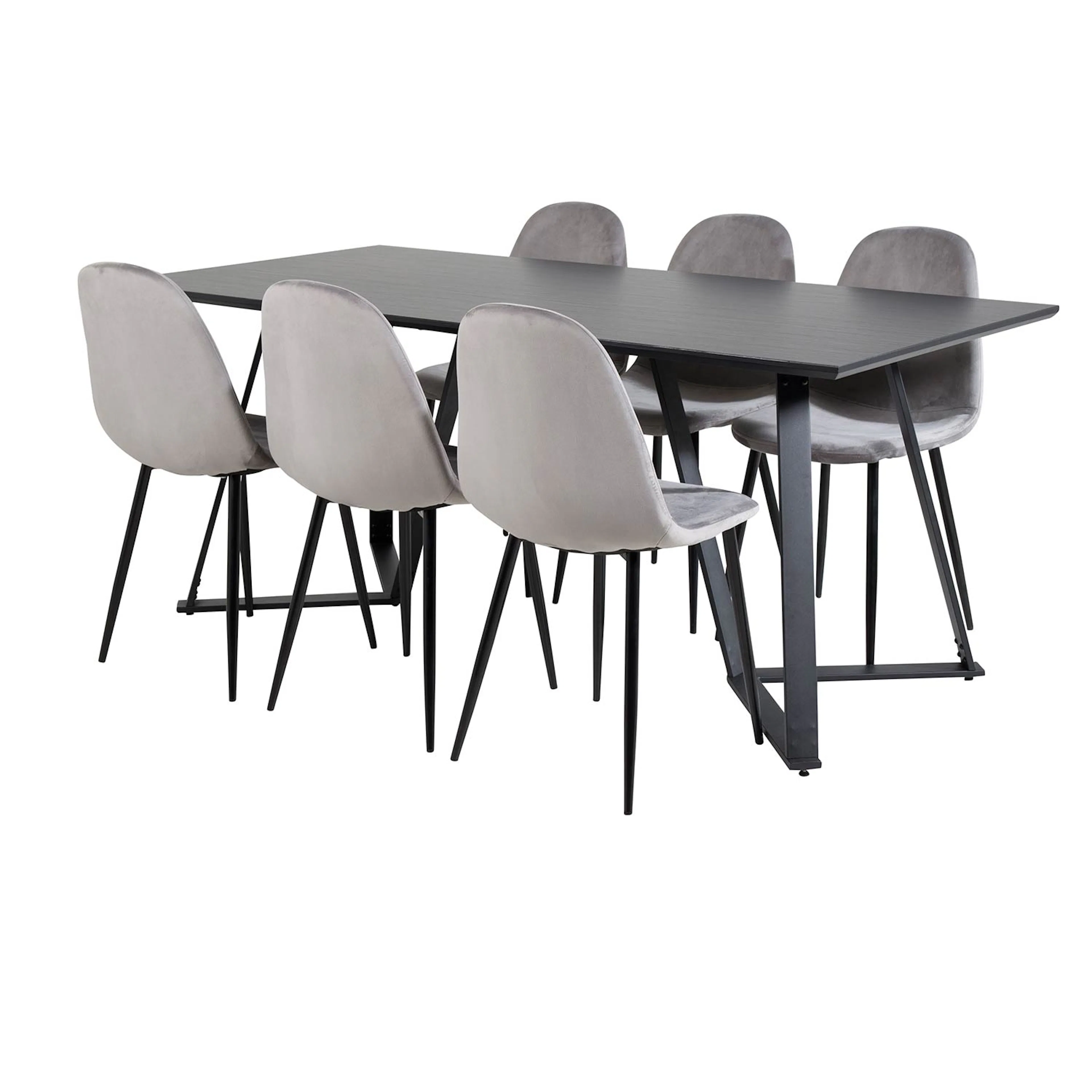 Marina Table-Black top/+Polar Chair-/ljusgrå Velvet_6 Svart/Ljusgrå