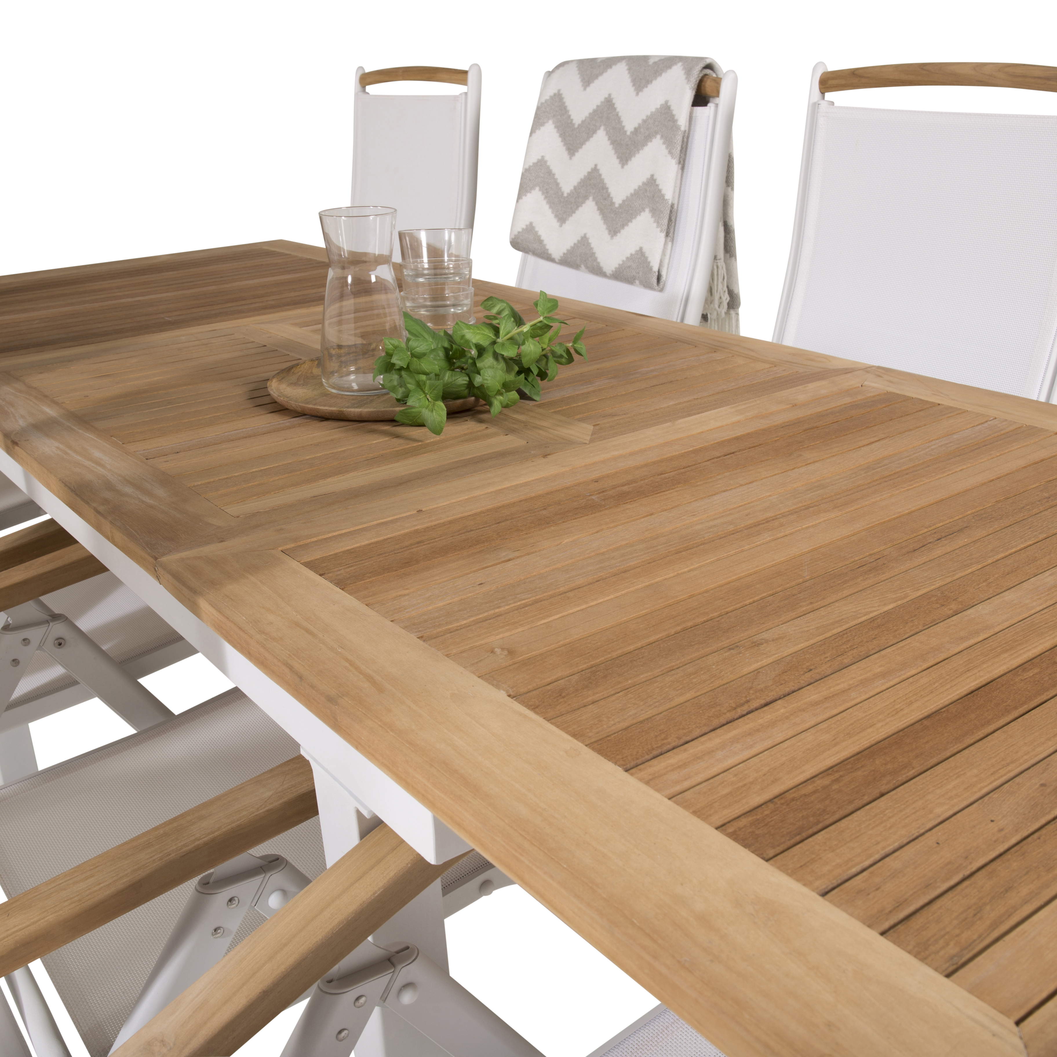 Panama Bord160/240*90-vit/Teak+Panama stol5:pos-vit/vitTeak8 Teak Bord med Vita Ben, Vit Stol