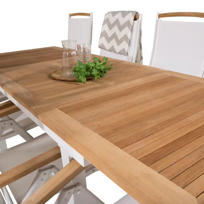 Panama Bord160/240*90-vit/Teak+Panama stol5:pos-vit/vitTeak8 Teak Bord med Vita Ben, Vit Stol
