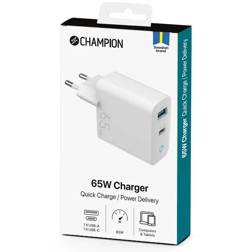 Laddare Champion 65W GaN QC/PD Vit