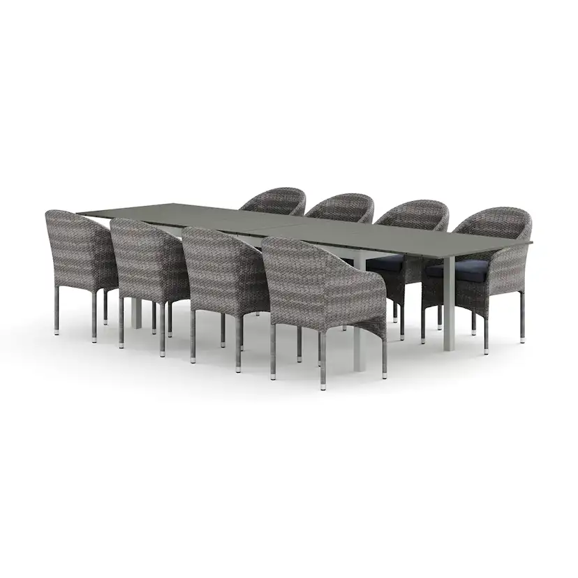 Trädgårdsgrupp Comfort Garden Tunis utomhus matgrupp förlängningsbart 205/305x90 cm med 8 Thor fåtöljer