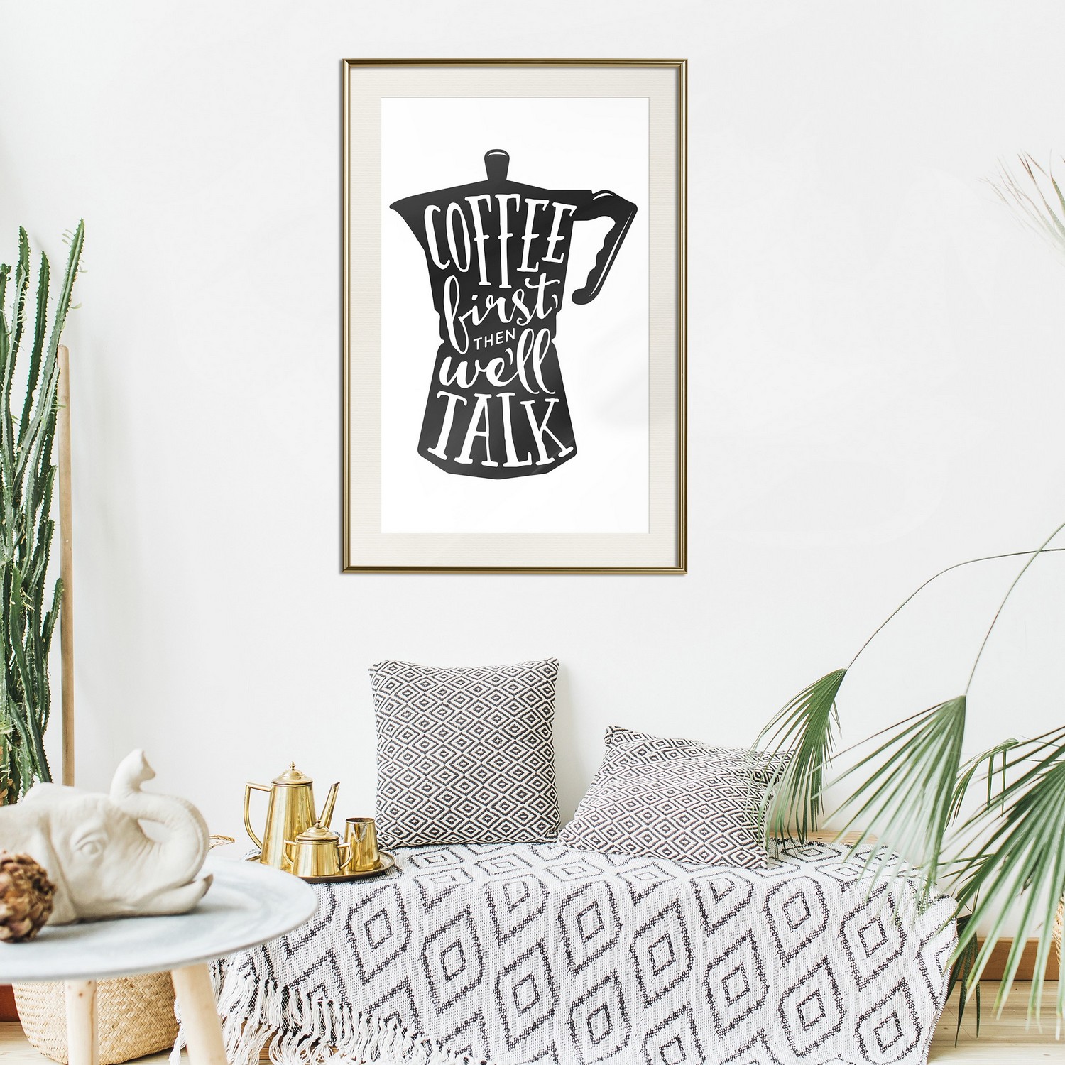 Affisch - Coffee First Then We'll Talk [Poster] 30x45 Guld ram med passepartout, 30x45 cm