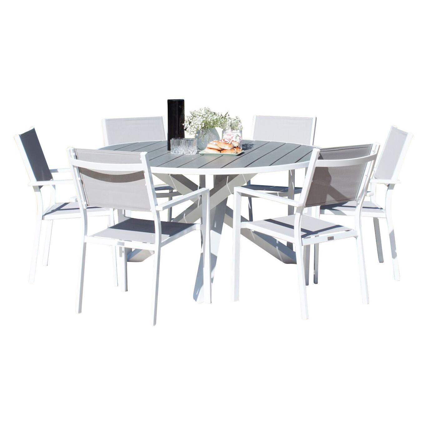 Parma bord140-Vit Alu/Grå+Copacabana stolVit Alu/Grå Textil6 Svart/Grå