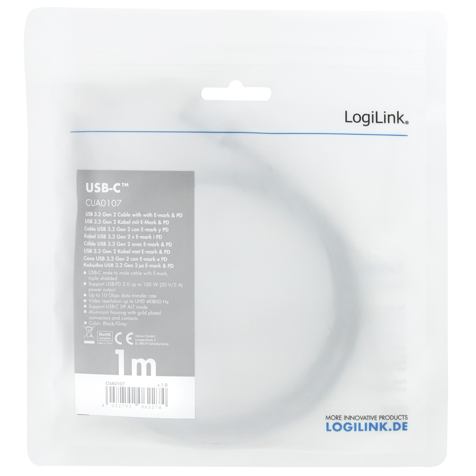 USB-C-kabel LogiLink USB 3.2 Gen2 PD 3.0 100W 10Gbps 4K/60Hz Alu 1 m