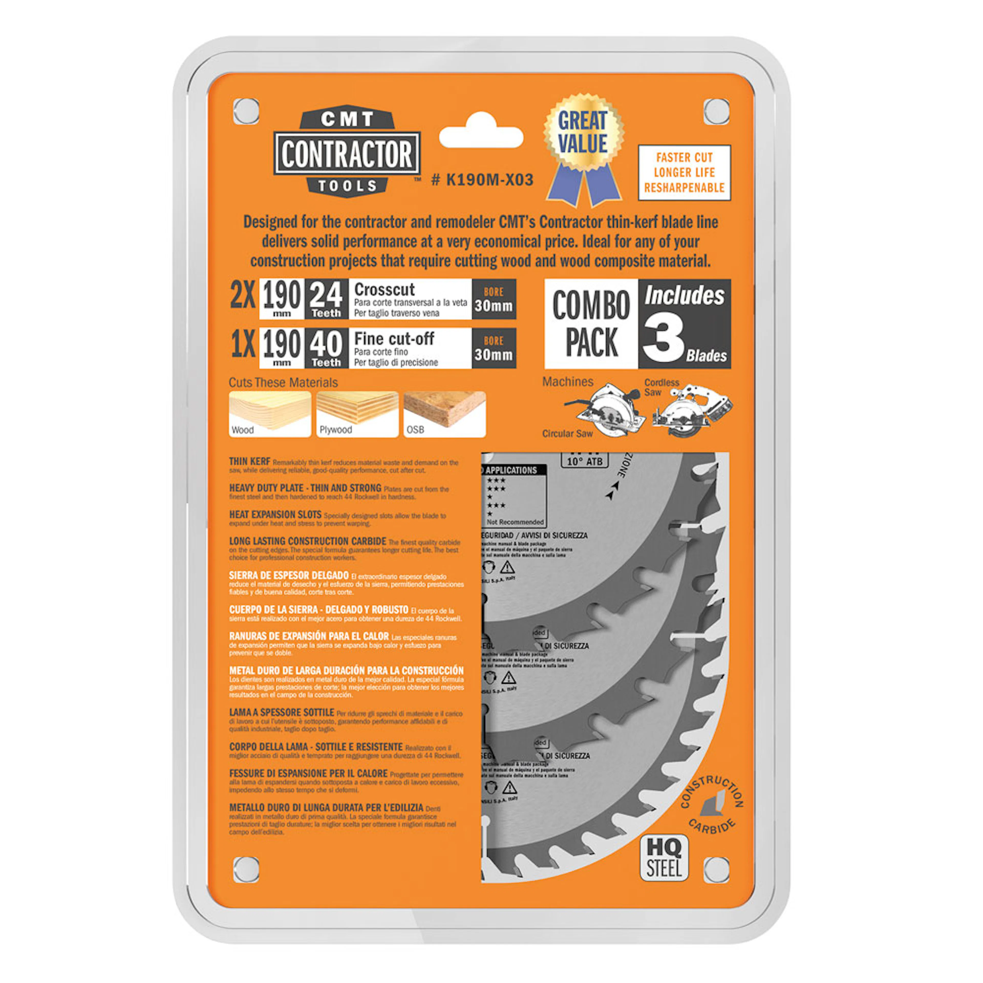 Sågklinga CMT Orange Tools Contractor Set 3 delar 190x30 Z24-24-40 W C