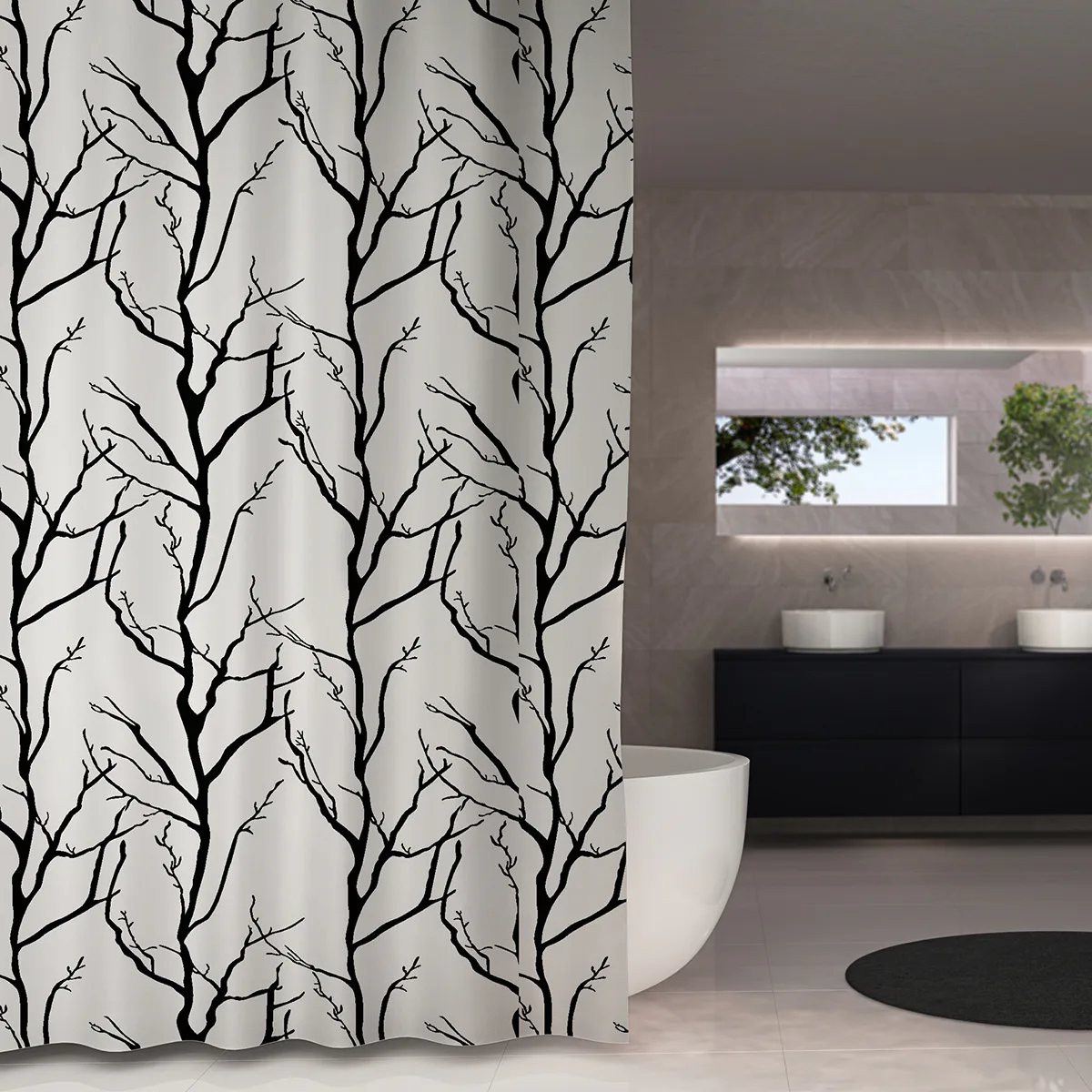 Duschdraperi Debel Tree Vit/Svart, Storlek: 180x230 cm