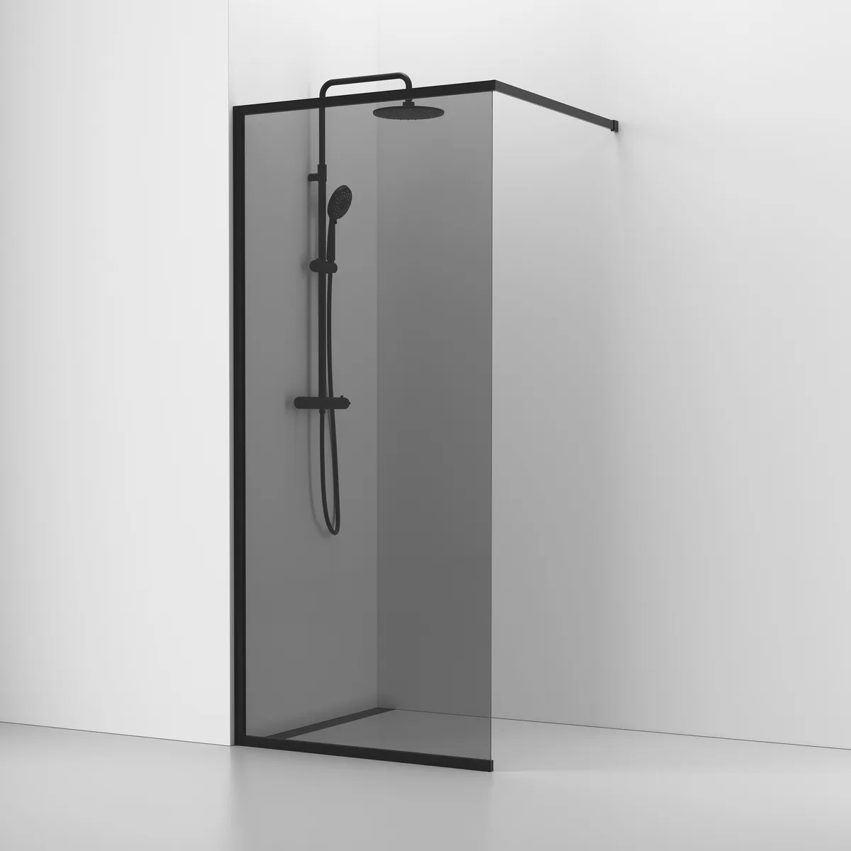 Langfoss Skärmvägg Rak/Fast 90x200 Svart Matt/Rök B: 900 mm, H: 2000 mm, Profil: Mattsvart, Rökglas, Utan Hylla