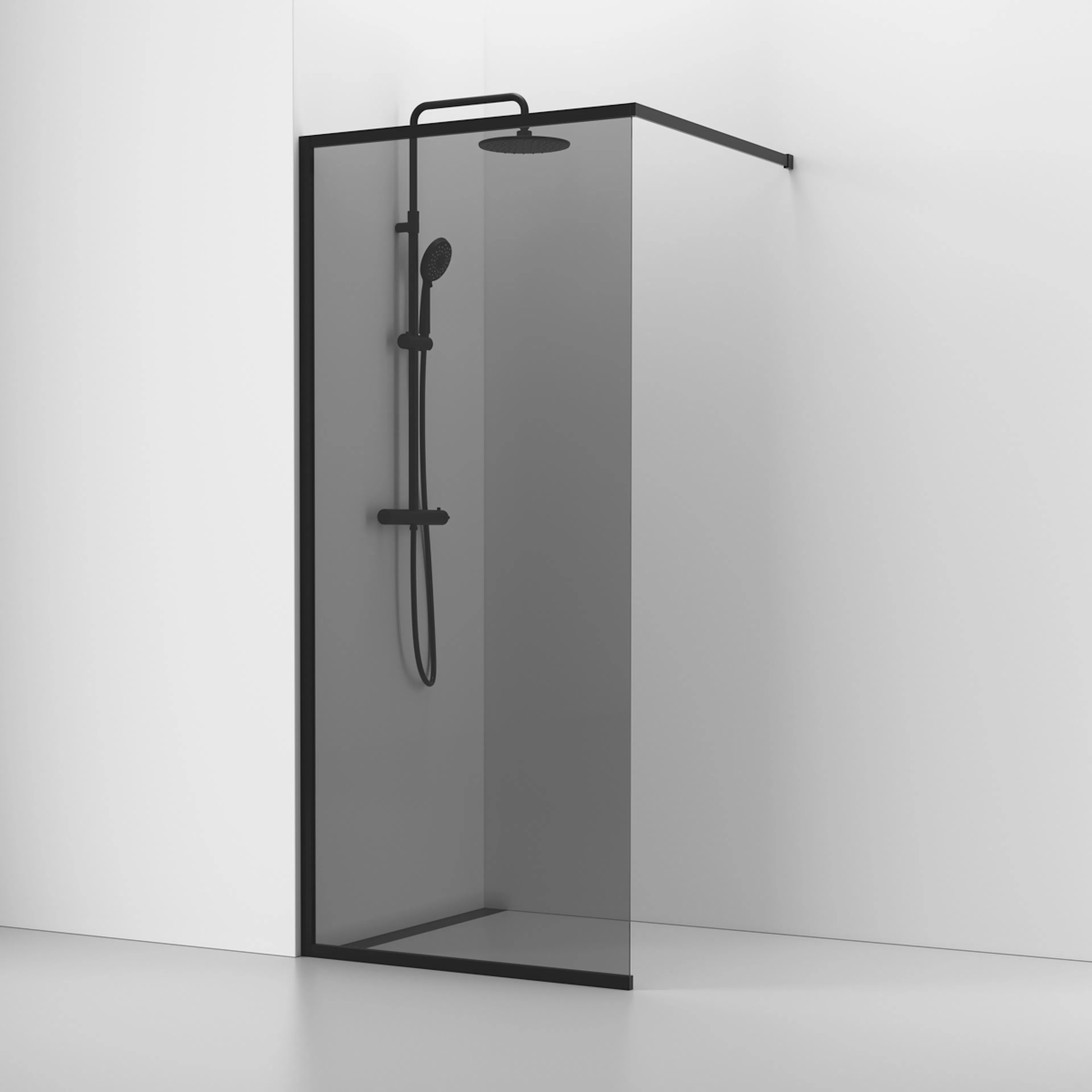Langfoss Skärmvägg Rak/Fast 90x200 Svart Matt/Rök B: 900 mm, H: 2000 mm, Profil: Mattsvart, Rökglas, Utan Hylla