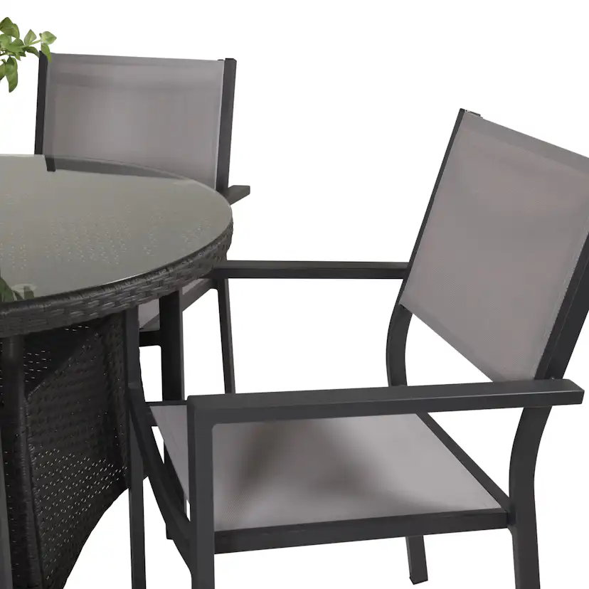 Volta bord-Svart-ø90+Copacabana stol-Svart Alu/Grå Textil4 Svart Bord, Grå Stol