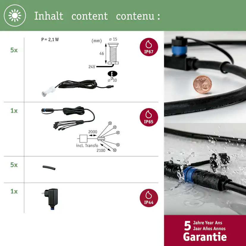 LED Infälld Markbelysning Paulmann Plug & Shine MicroPenII IP67 24V 5-pack med Kabel & Transformator