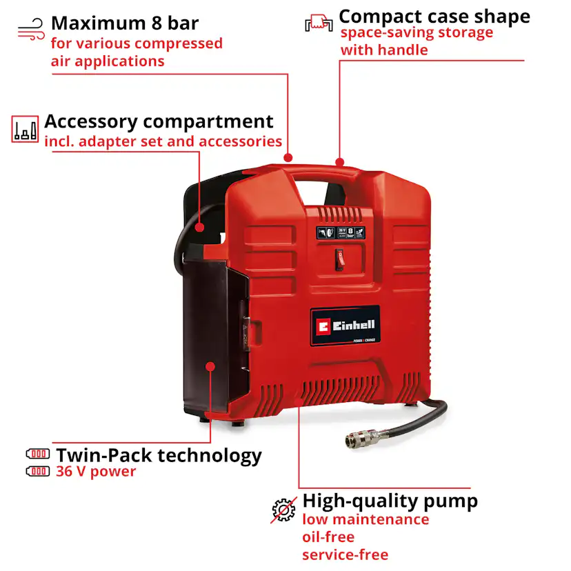 Portabel Kompressor Einhell TE-AC 36/8 Li OF Set-Solo Sladdlös utan Batteri