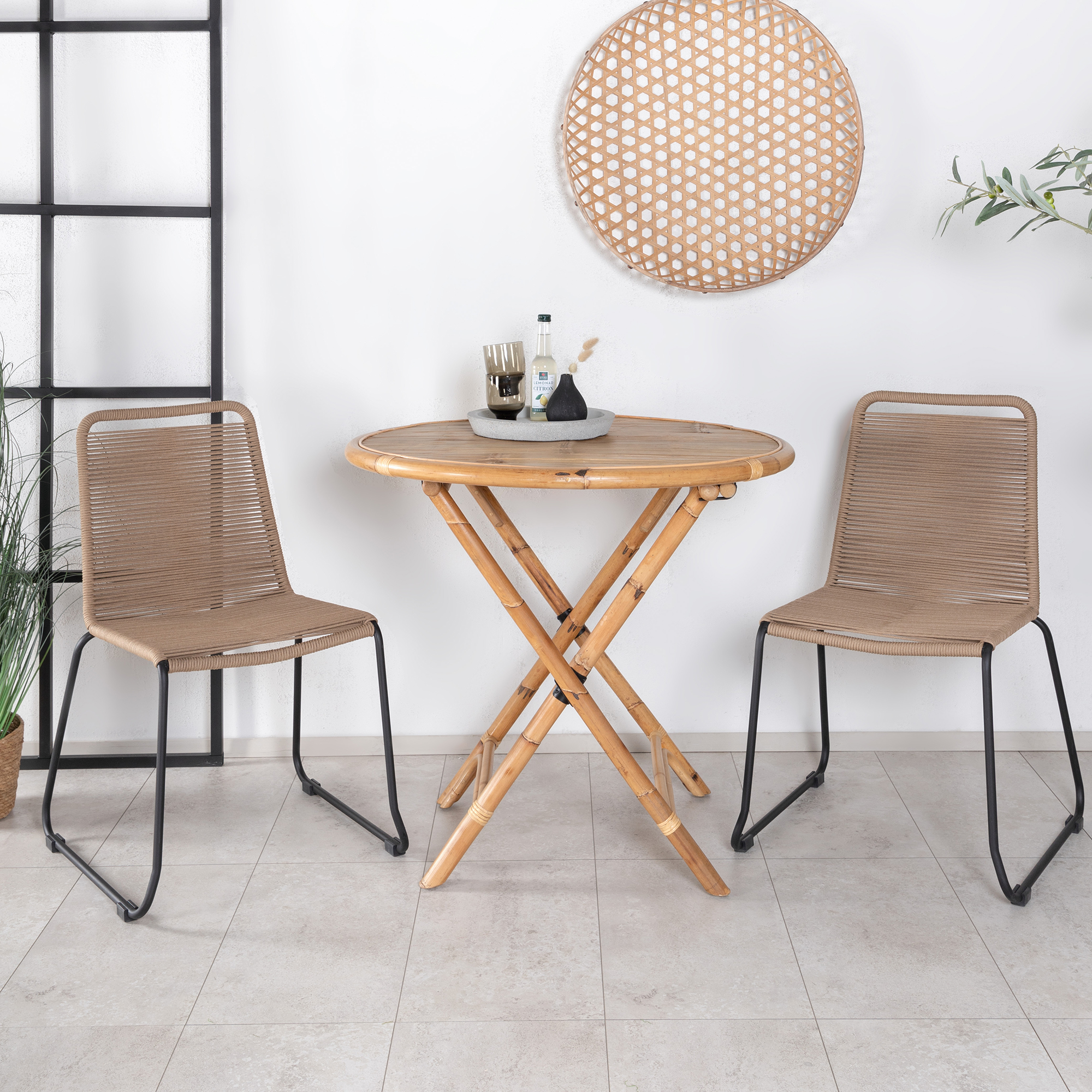 Cane Café table ø90cm - Bamboo+Lindos Stacking Chair - Black Latte