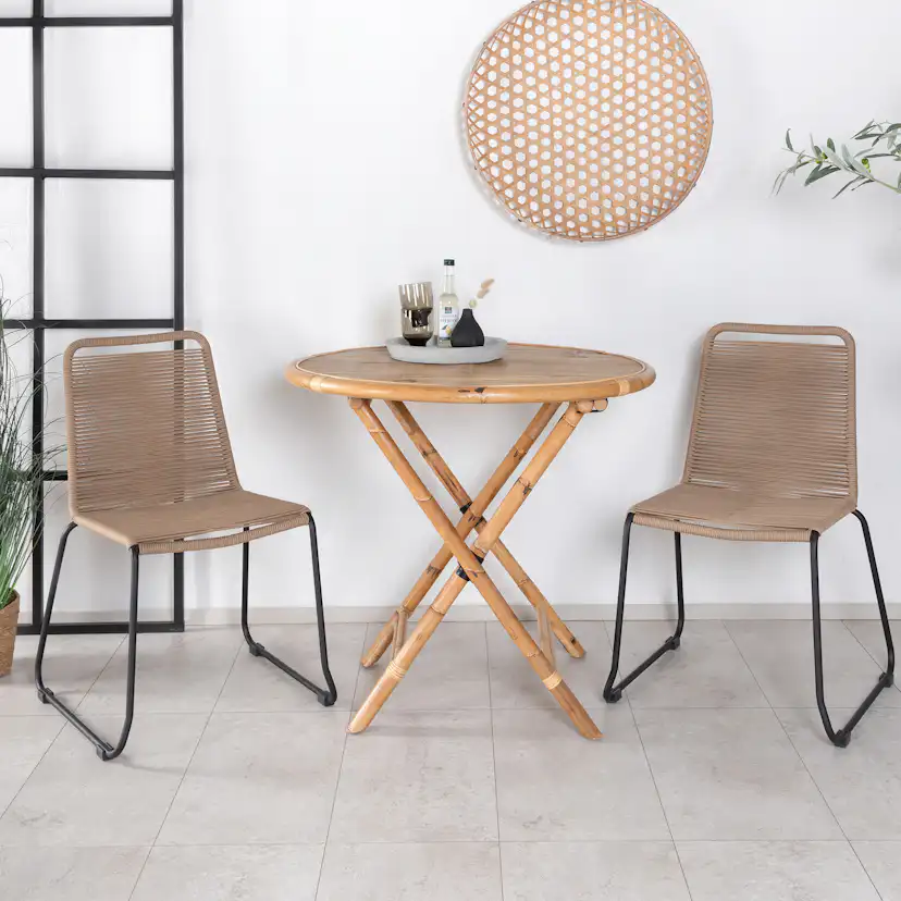 Cane Café table ø90cm - Bamboo+Lindos Stacking Chair - Black Latte