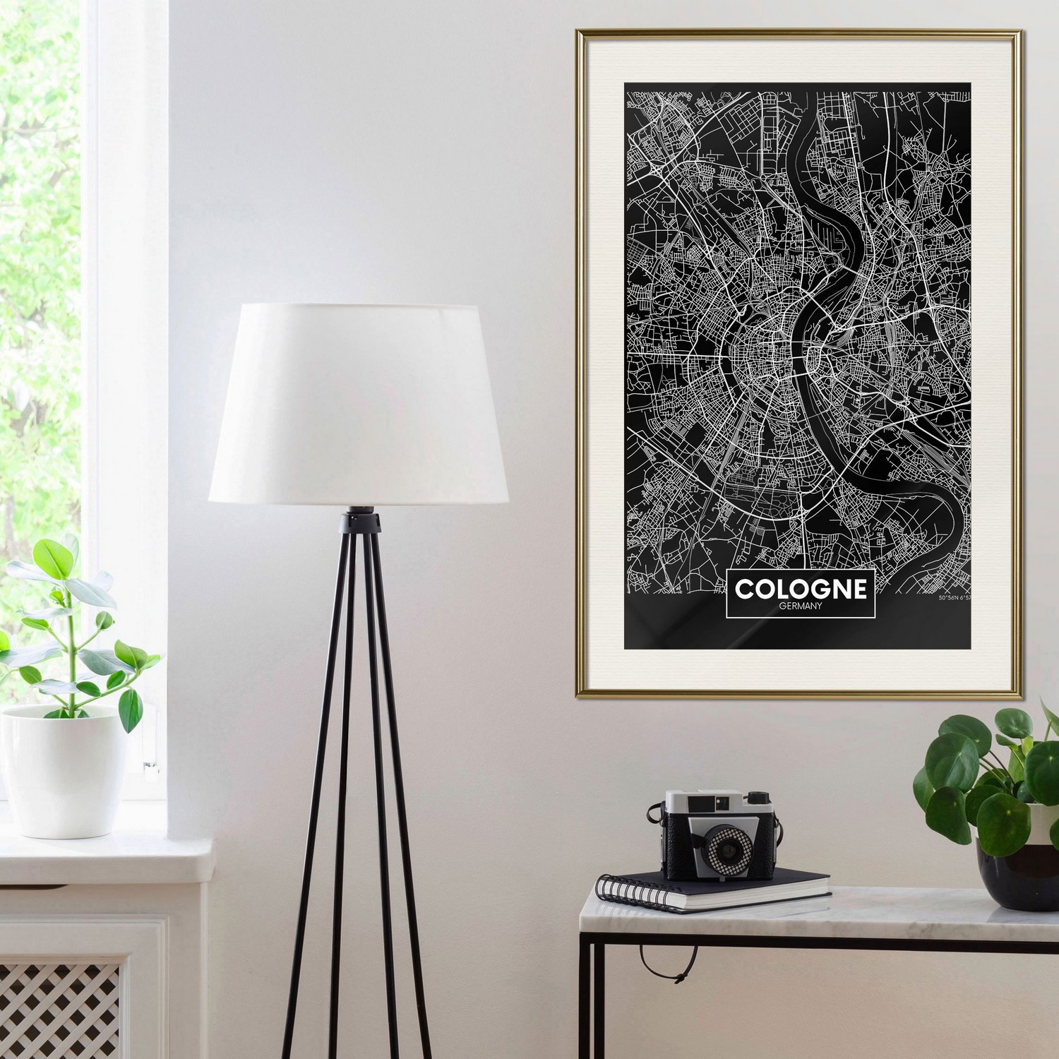 Affisch - Dark Map of Cologne [Poster] 30x45 Guld ram med passepartout, 30x45 cm