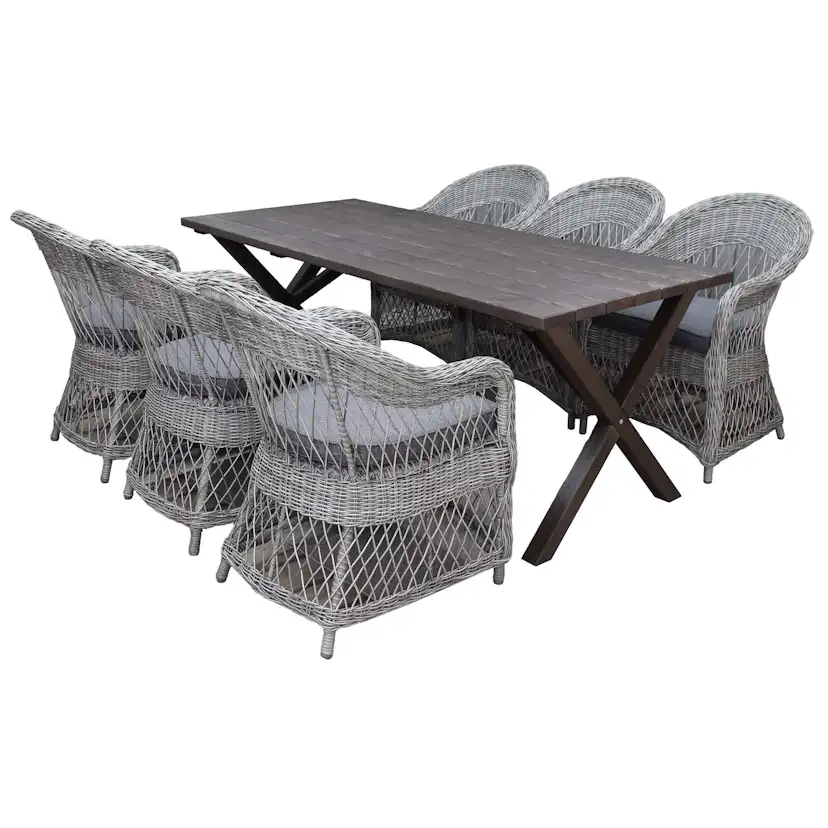 Matgrupp Utomhus Baltic Garden 190 cm bord & 6 Merida grå stolar