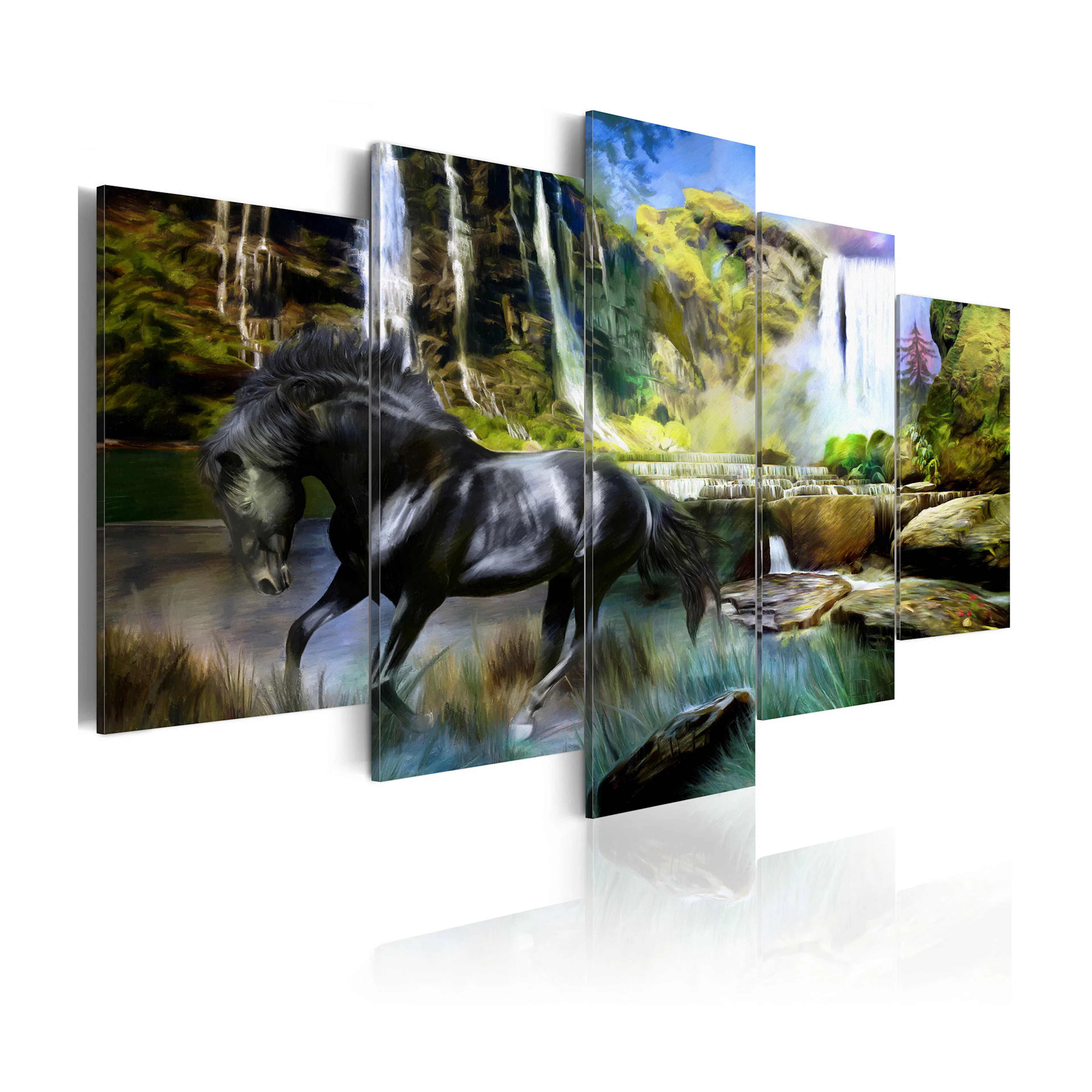 Tavla Arkiio Black Horse On The Background Of Paradise Waterfall