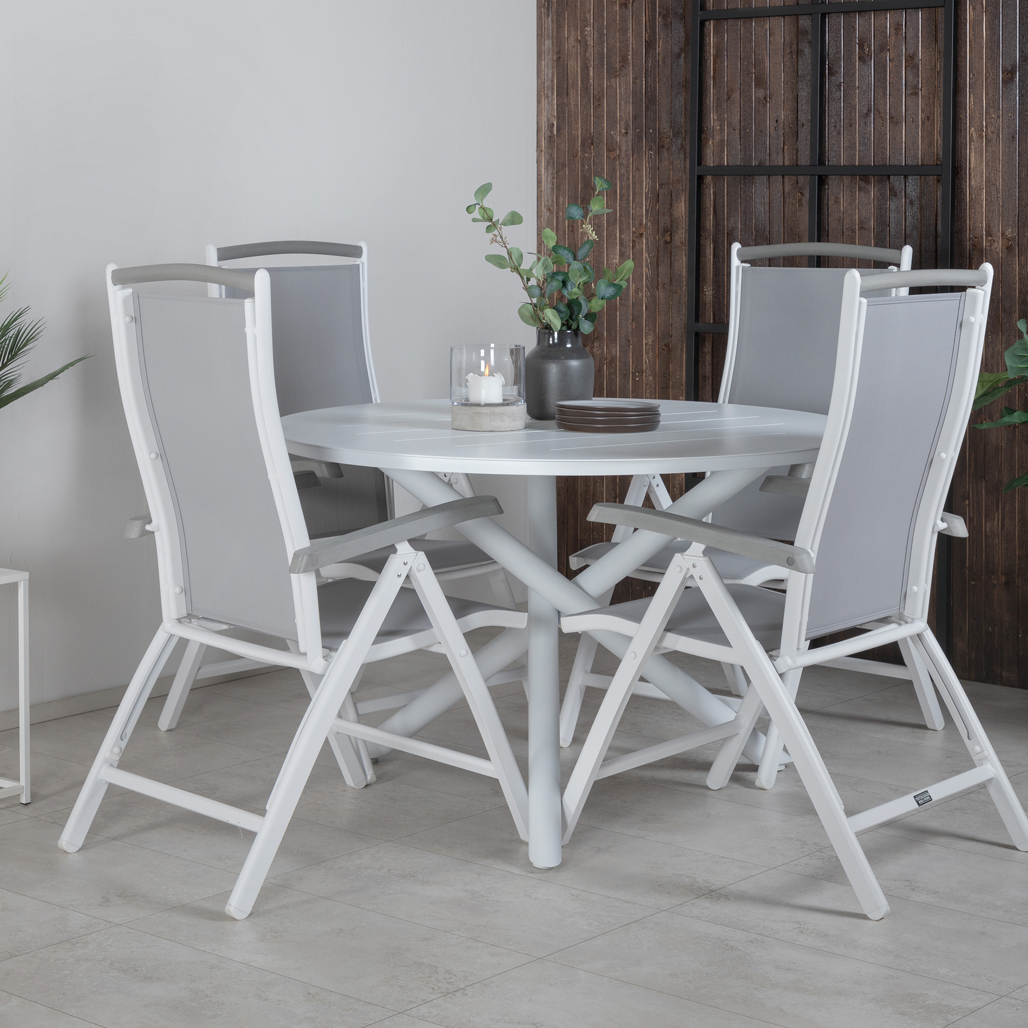 Alma Dining Table - White Alu - ø120cm+Albany 5:pos Chair - Vit