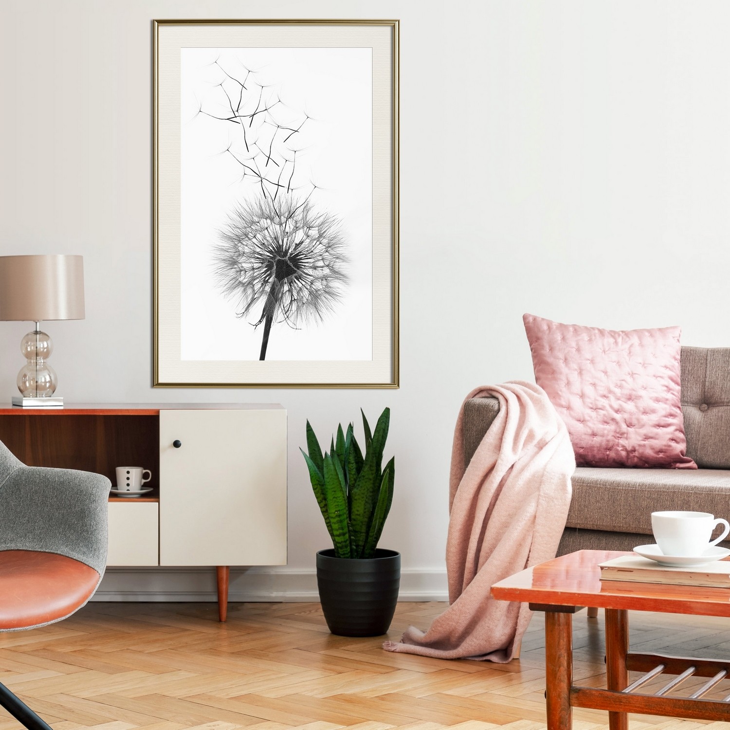 Affisch - Dandelion [Poster] 30x45 Guld ram med passepartout, 30x45 cm