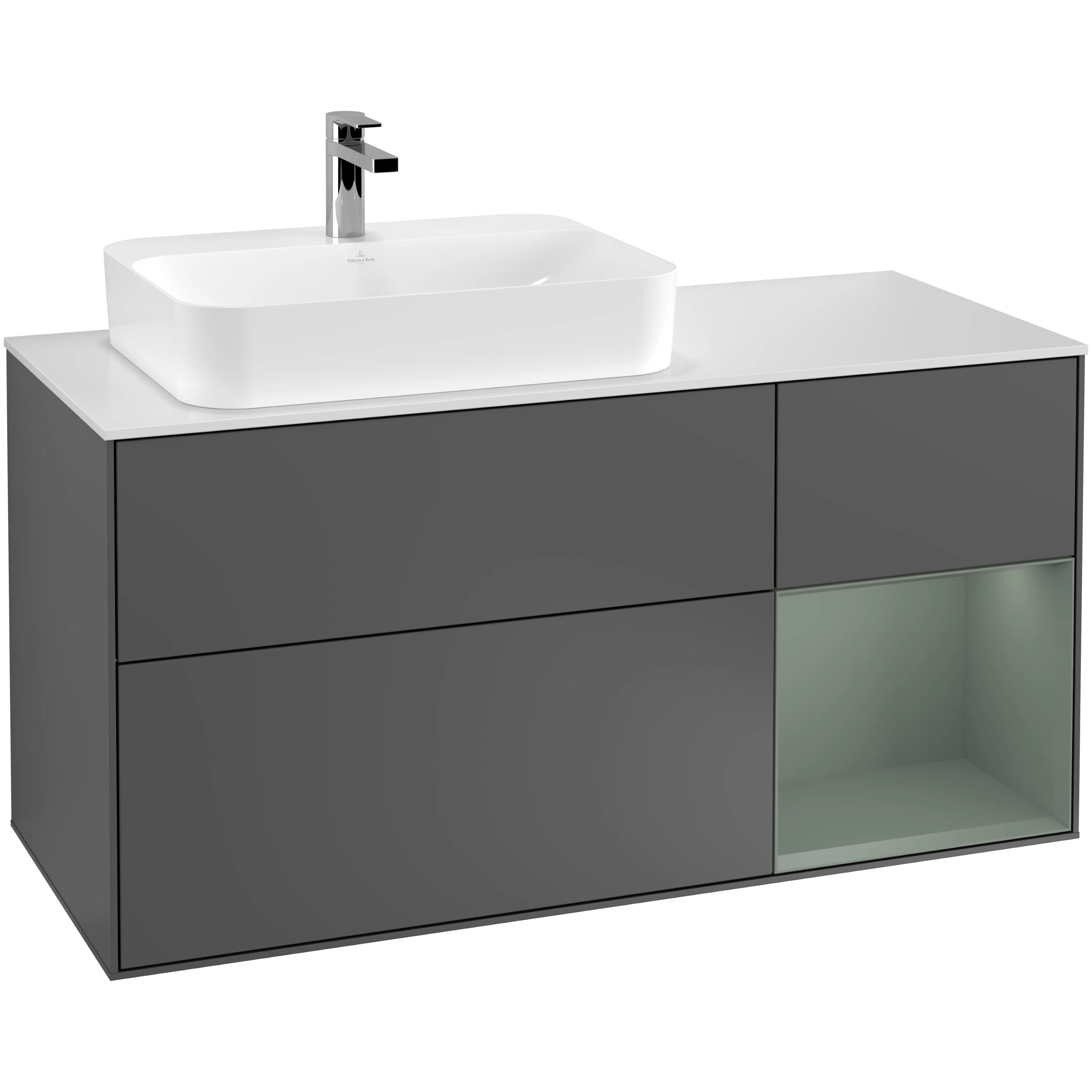 Tvättställsskåp Villeroy & Boch Finion F401GMGK Antracitgrå Mattlack/Oliv Mattlack med bänkskiva i Mattvitt glas, Lucka Höger