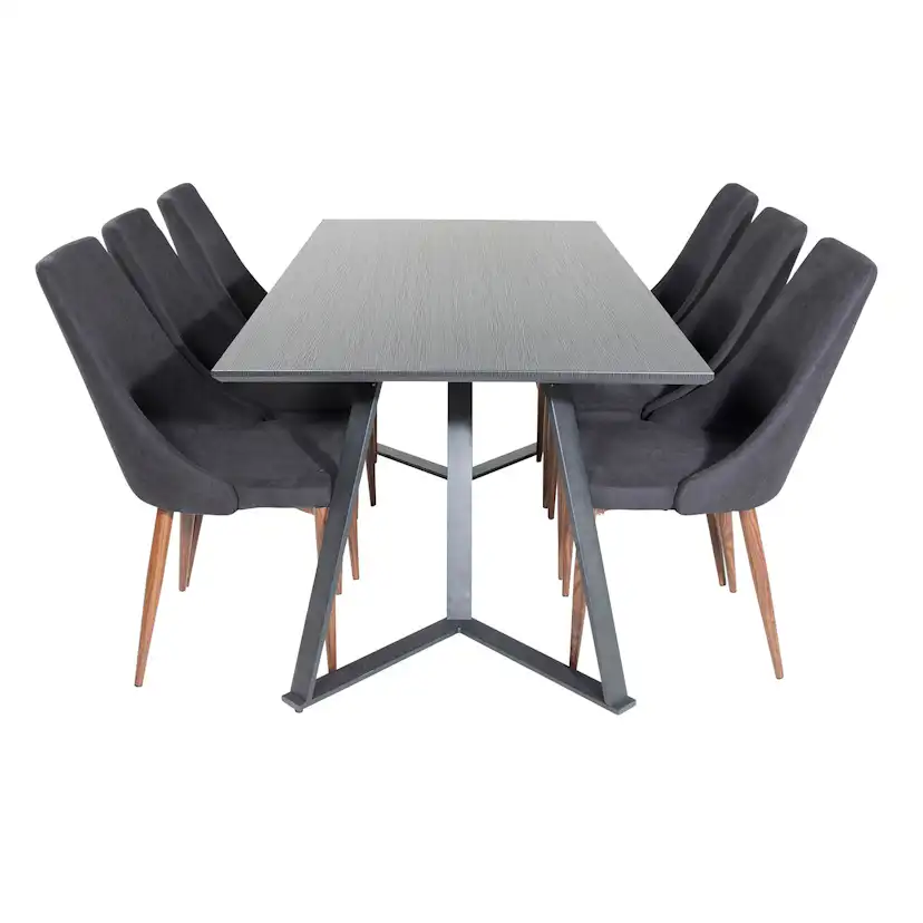 Marina Table - Black top /Leone Chair - Black Fabric_6 Svart/Svart/Valnöt