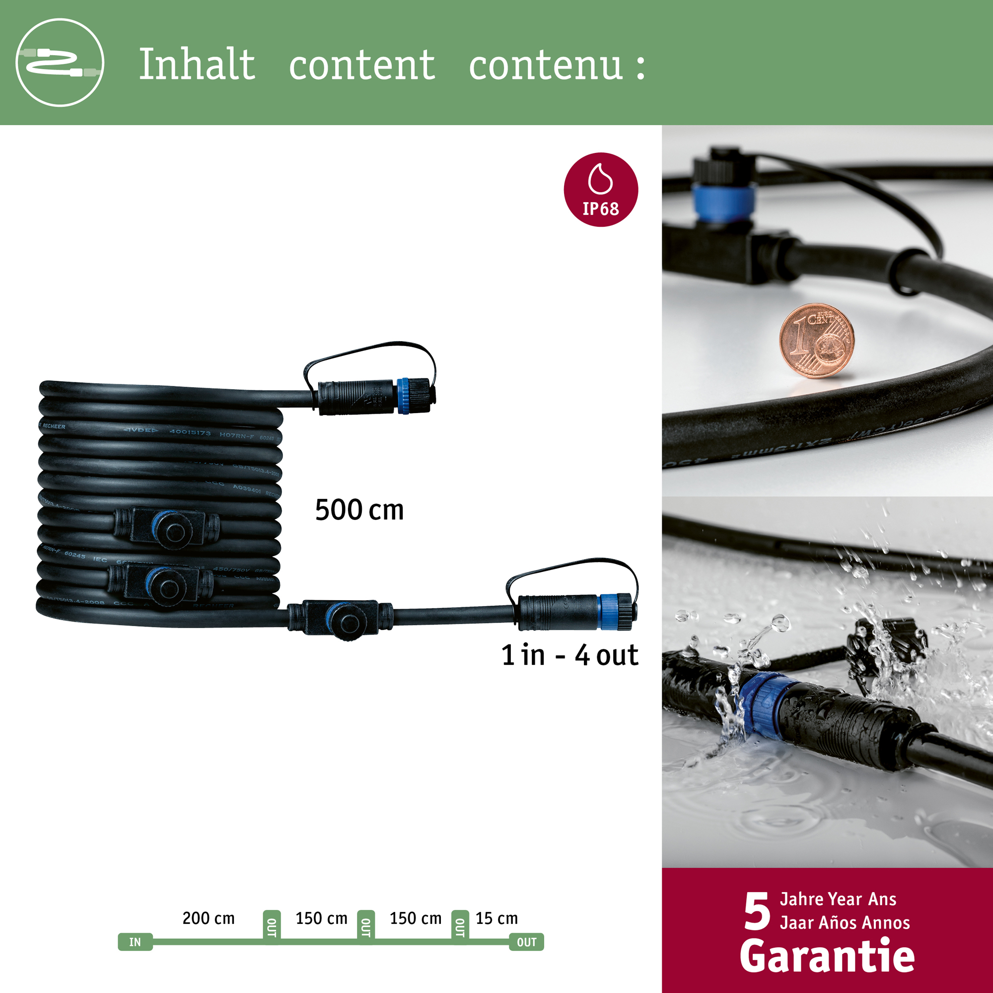 Anslutningskabel Paulmann Plug & Shine IP68 max. 150W 1in-4ut