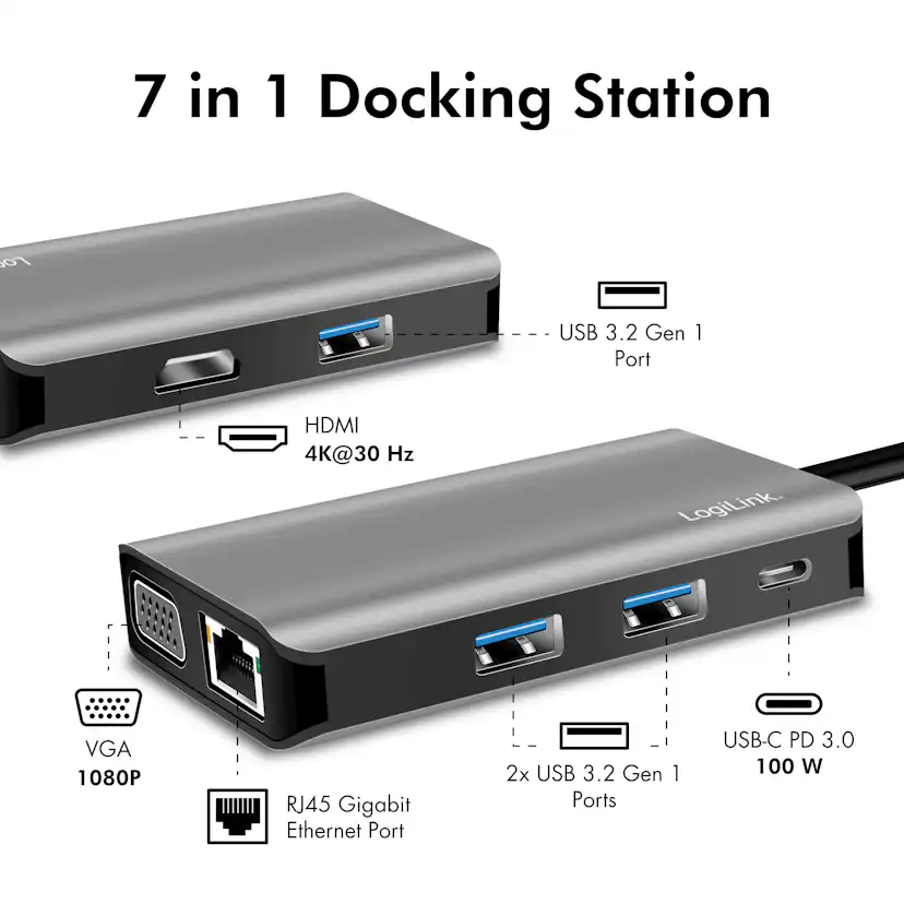 USB-C-Dockningsstation LogiLink 7-i-1 HDMI/VGA/RJ45/USB-C 100W PD