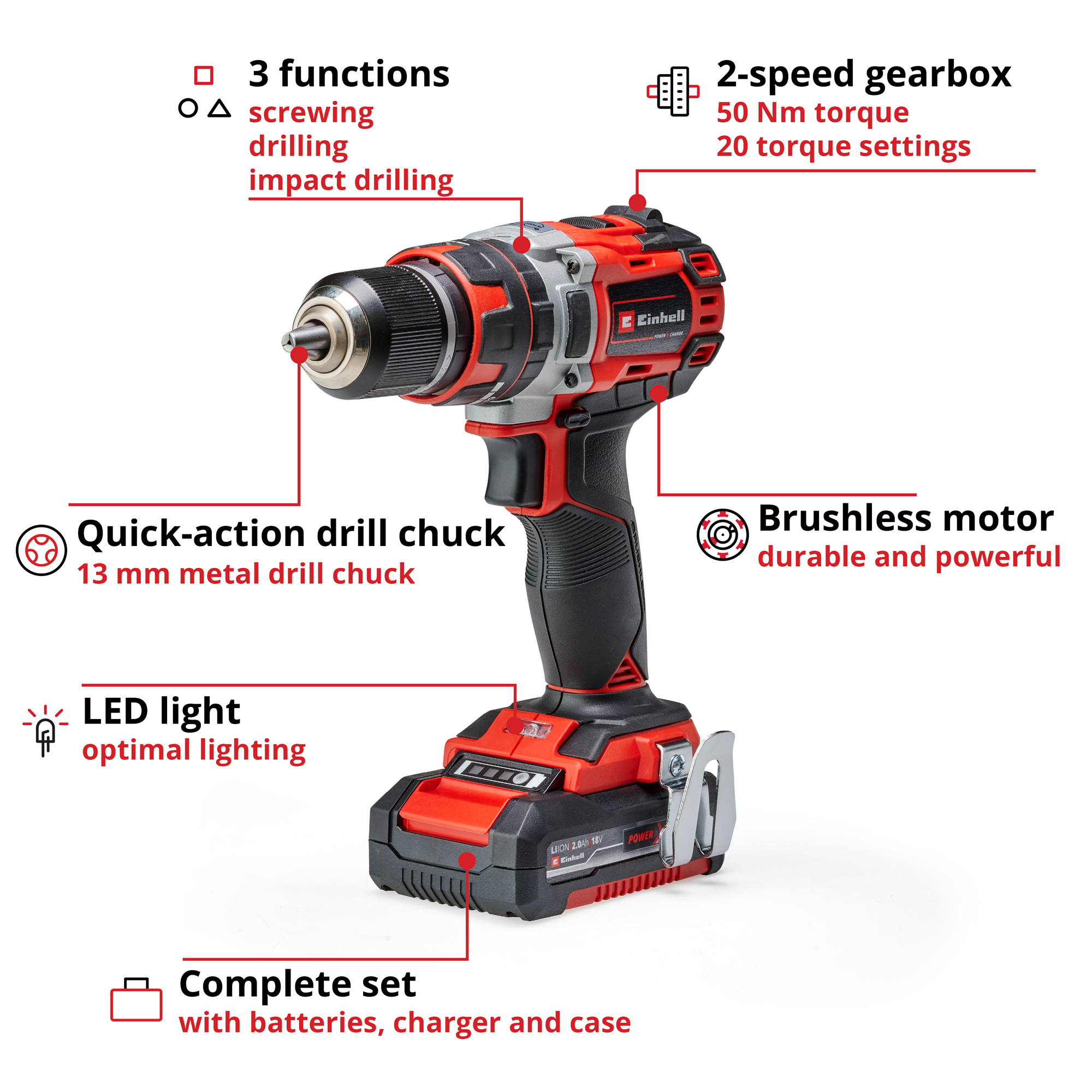 Slagborrmaskin Einhell TE-CD 18V Med Batteri, Laddare & Väska