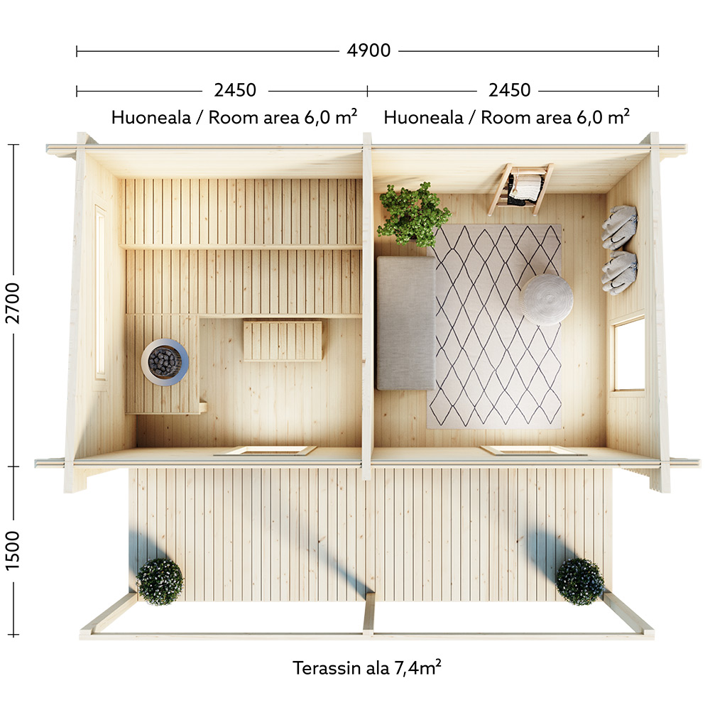 Bastu Luoman Lillevilla Kihu 13,23 m² Fristående Utebastu med Altan