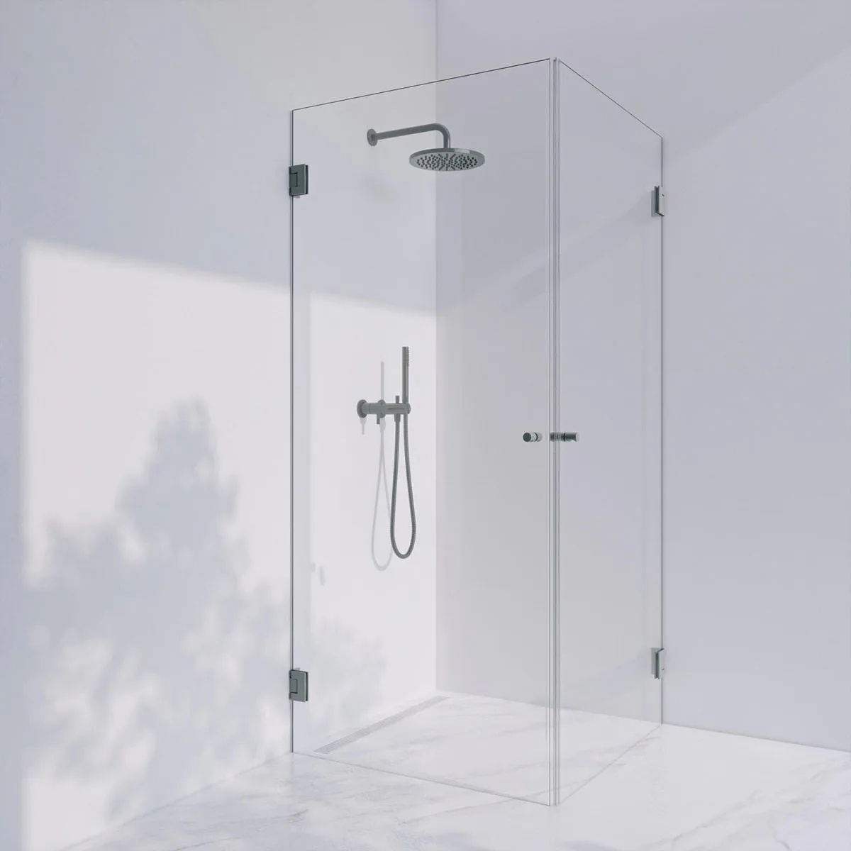 Invitrea Flair GH22/80x80/Frostad stål/Fingergreppsknopp/Fro Storlek: 800x800 mm, Glastyp: Frostat Glas Järnfattigt, Profil: Frostad stål, Handtag: Fingergreppsknopp