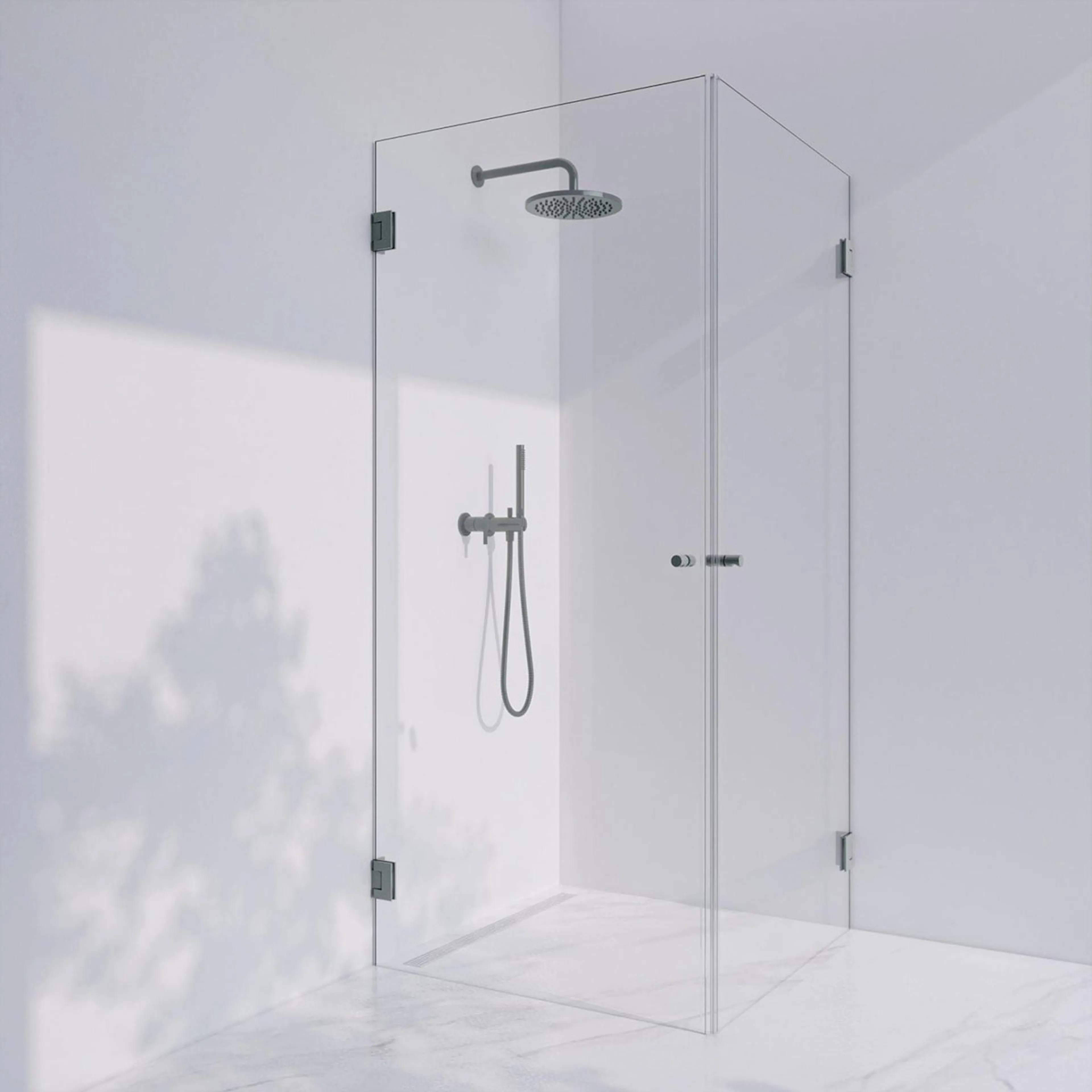 Invitrea Flair GH22/80x80/Frostad stål/Fingergreppsknopp/Fro Storlek: 800x800 mm, Glastyp: Frostat Glas Järnfattigt, Profil: Frostad stål, Handtag: Fingergreppsknopp