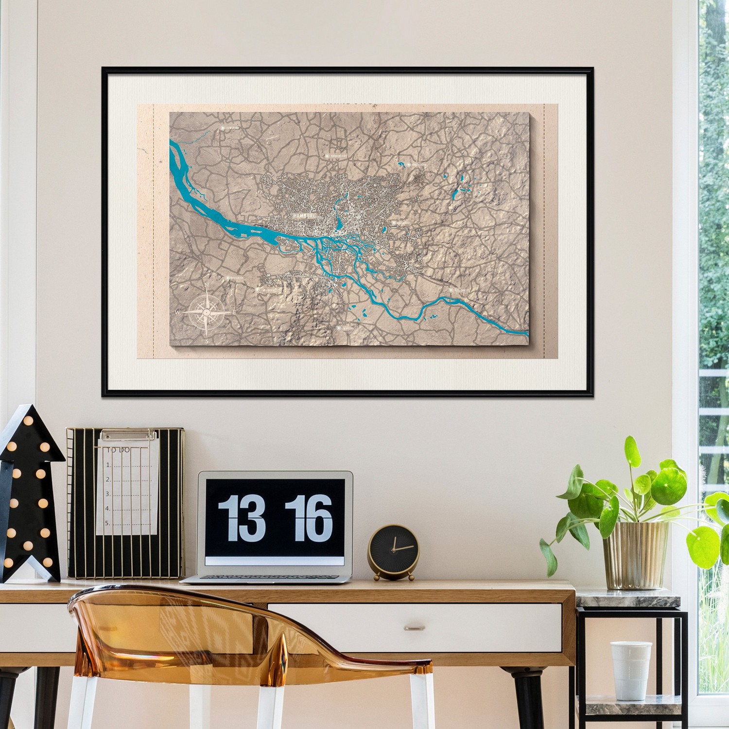 Affisch - Isometric Map: Hamburg [Poster] 45x30 Svart ram med passepartout, 45x30 cm