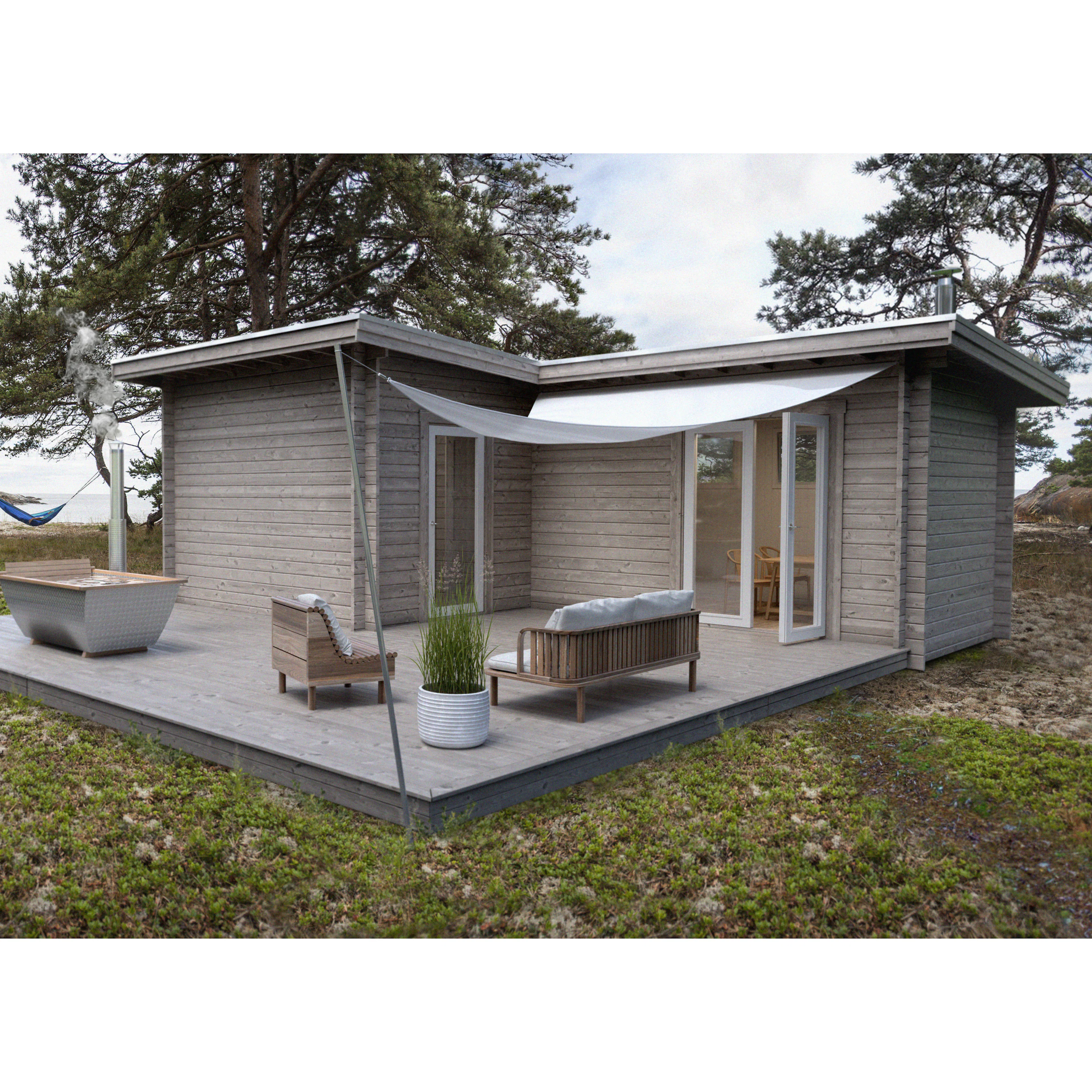 Attefallshus Baseco Nordanås 30m² Trästuga med Altan & Pulpettak