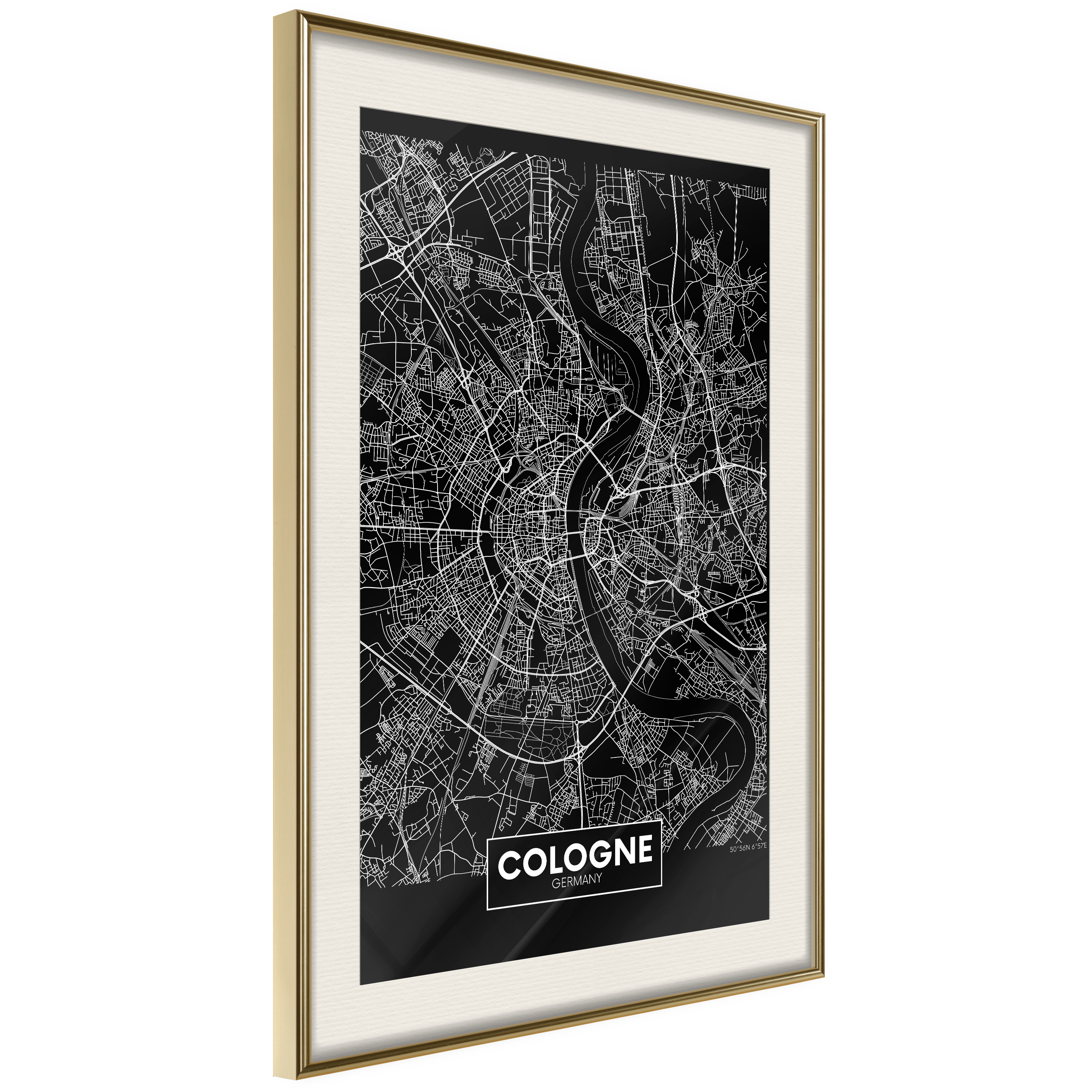 Affisch - Dark Map of Cologne [Poster] 30x45 Guld ram med passepartout, 30x45 cm
