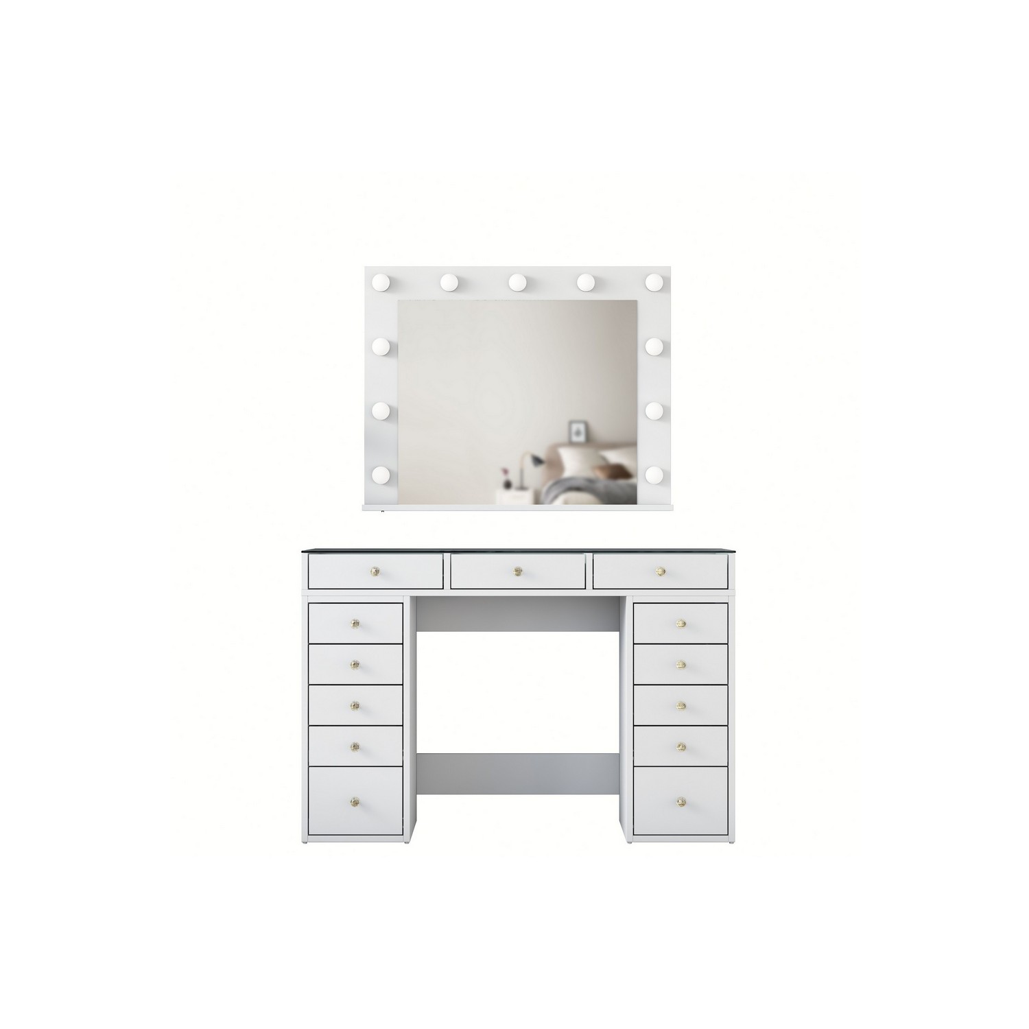 Sminkbord Scandinavian Choice Ramender Komplett med Sminkspegel, förvaring & Bordsskiva i Glas 120cm