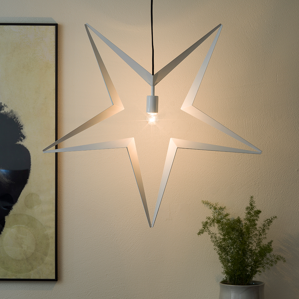Stjärna hängande vit metall 80cm svart textilkabel 230V Vit