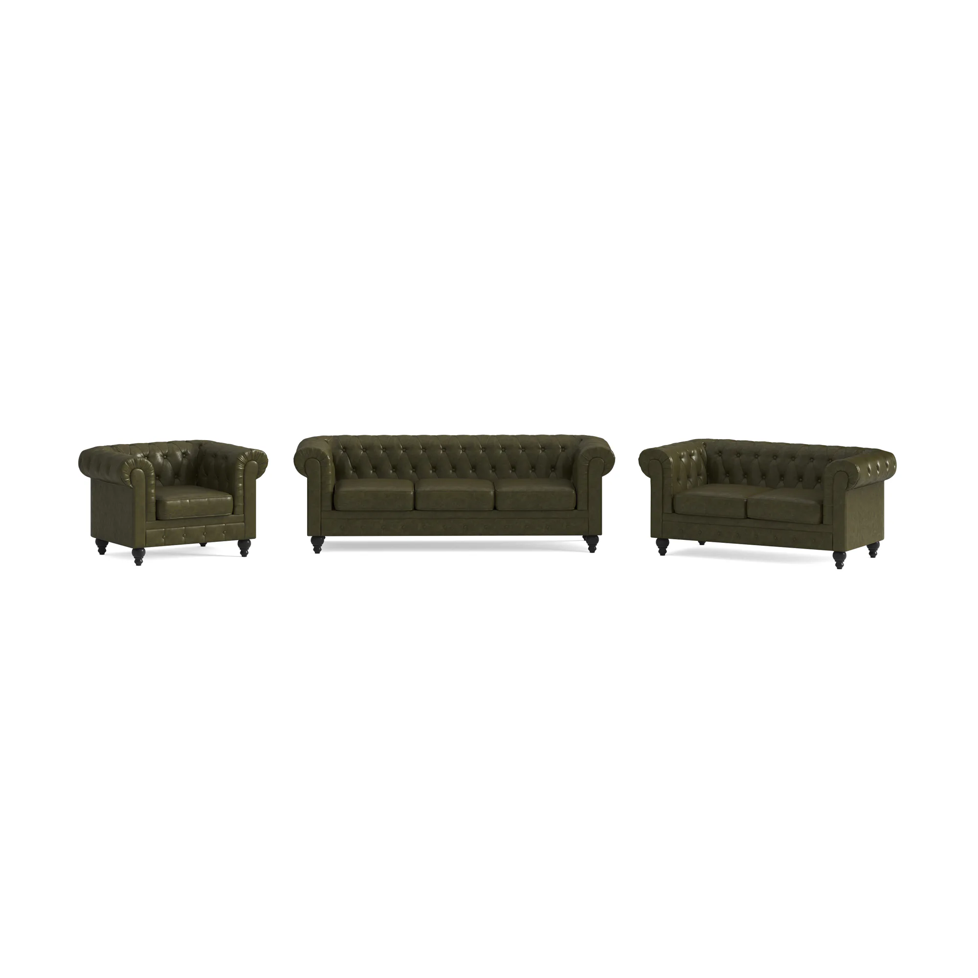 Chesterfield Lyx Soffgrupp 3-sits+2-sits+Fåtölj Mörkgrön Konstläder