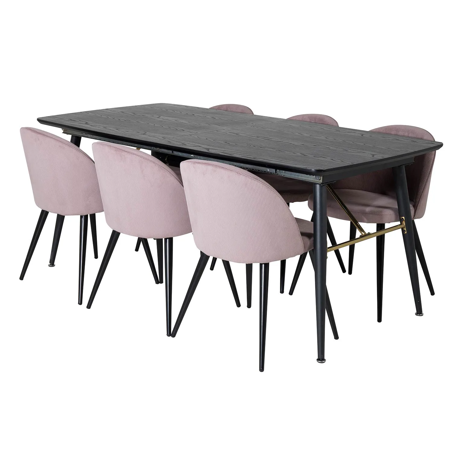 Gold Extention table-Veneer-Black legs+Velvet Chair-Black_6 Svart/Rosa, Manchester