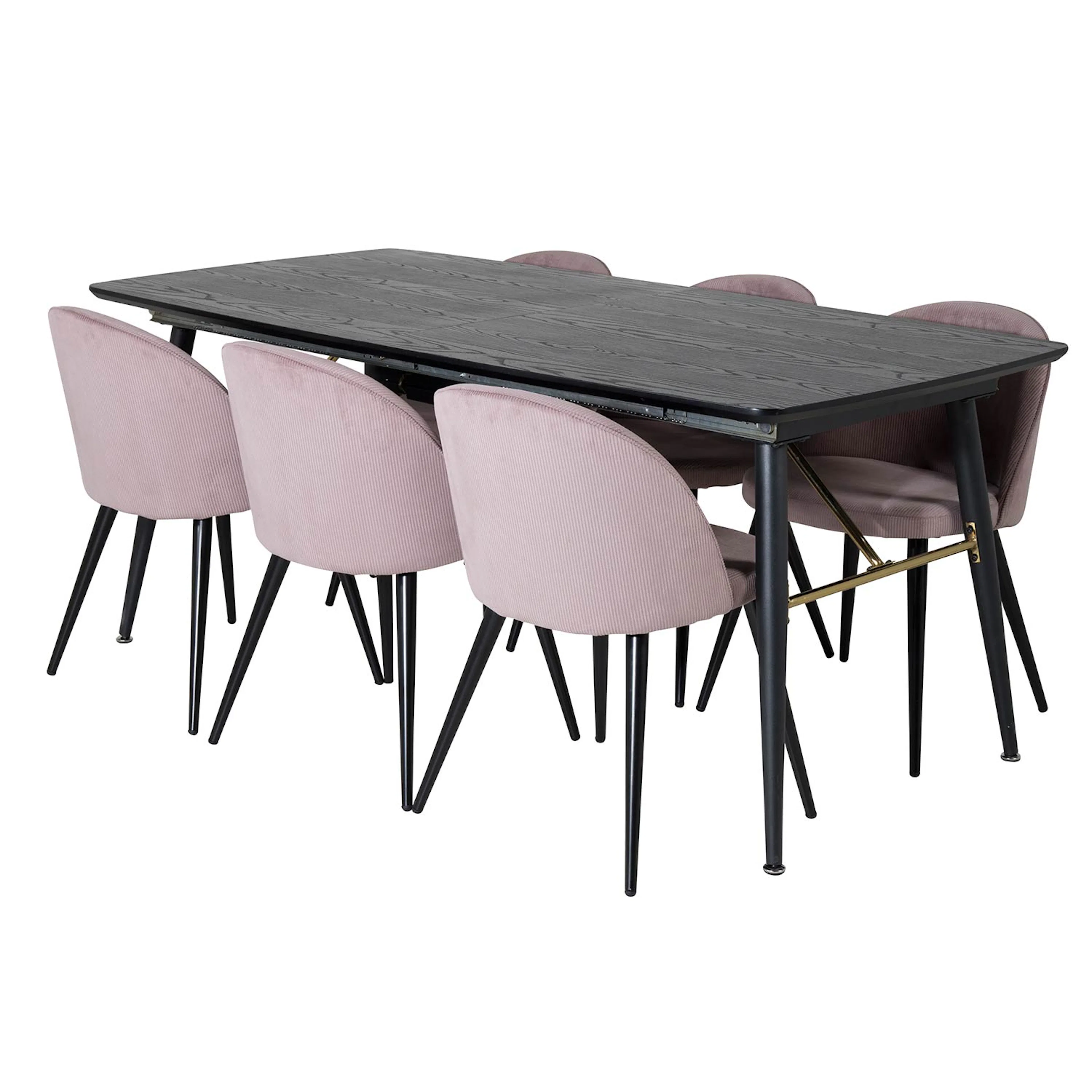 Gold Extention table-Veneer-Black legs+Velvet Chair-Black_6 Svart/Rosa, Manchester