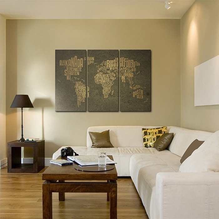 Tavla Arkiio Kartan Över Världen Tyska Språket Beige Kontinenter Triptych