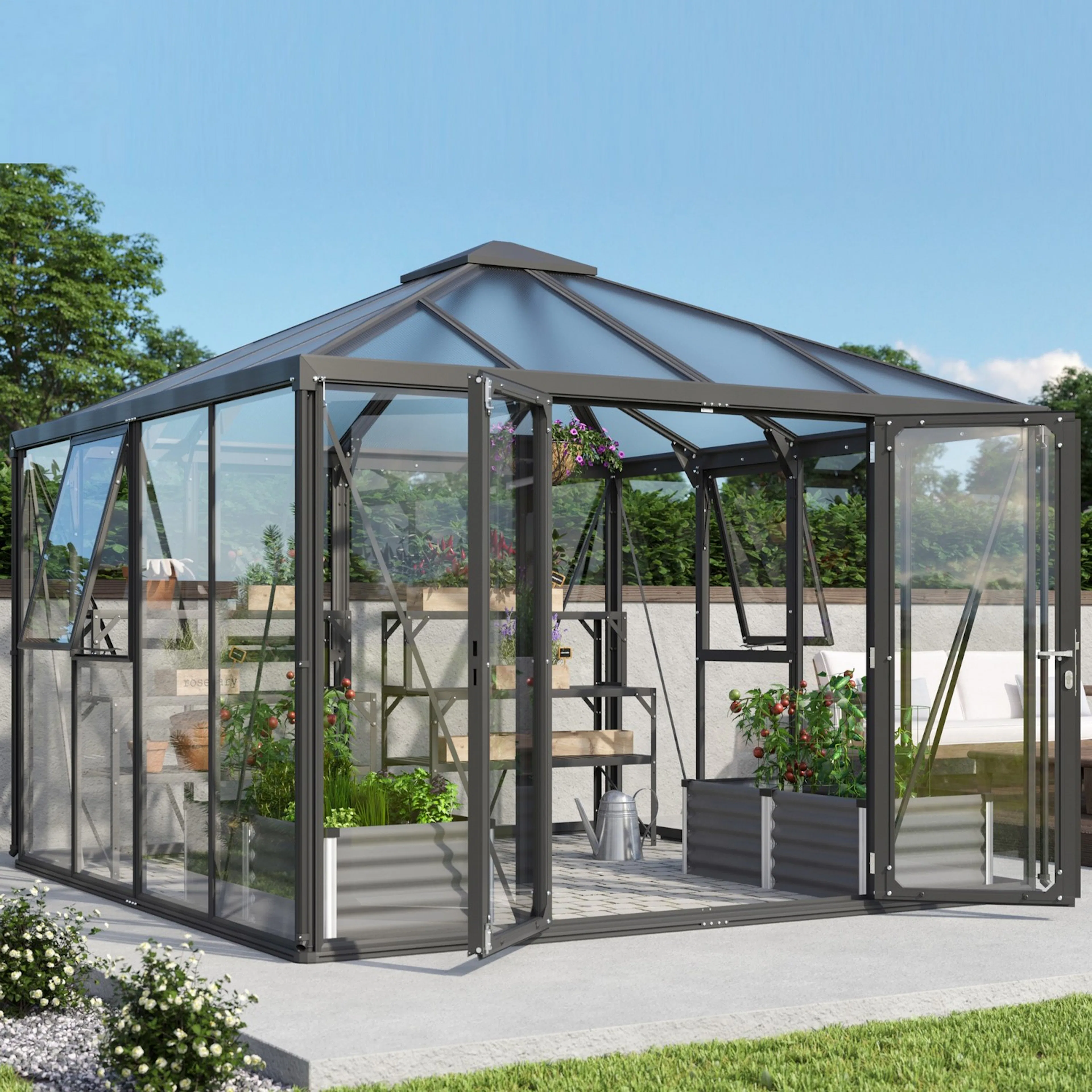 Växthus Vitavia Fortuna Svart Aluminiumstomme med UV-Skyddade Polykarbonatfönster & Härdat Glas, 10,2 m²