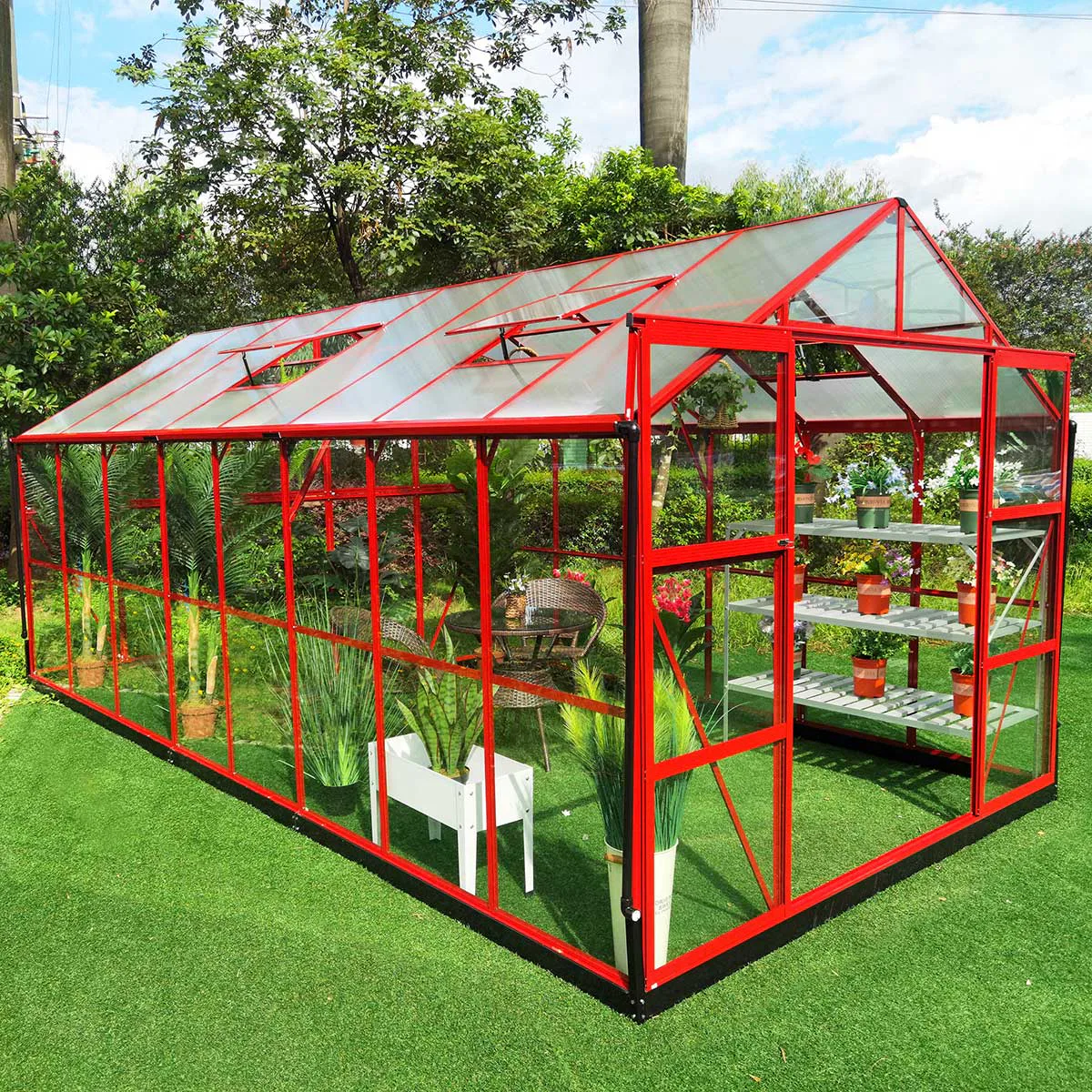 Växthus 12,7m2, glas, pc-tak, (494X257X228CM) Röd Röd