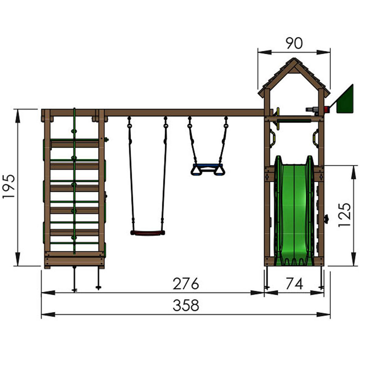 Jungle Gym Cocoon med klätterställning, 2 gungor och mörkgrö Grön