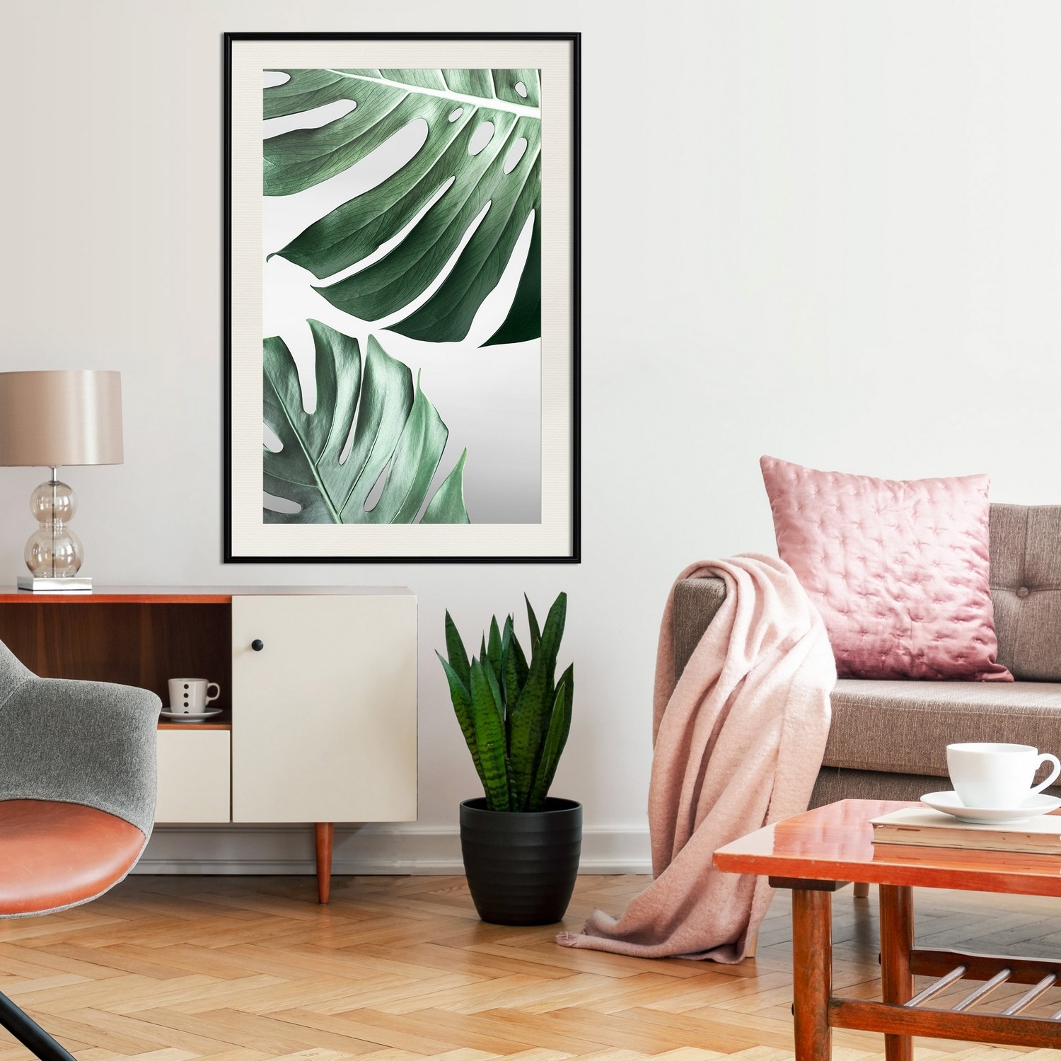 Affisch - Monstera Leaves [Poster] 30x45 Svart ram med passepartout, 30x45 cm