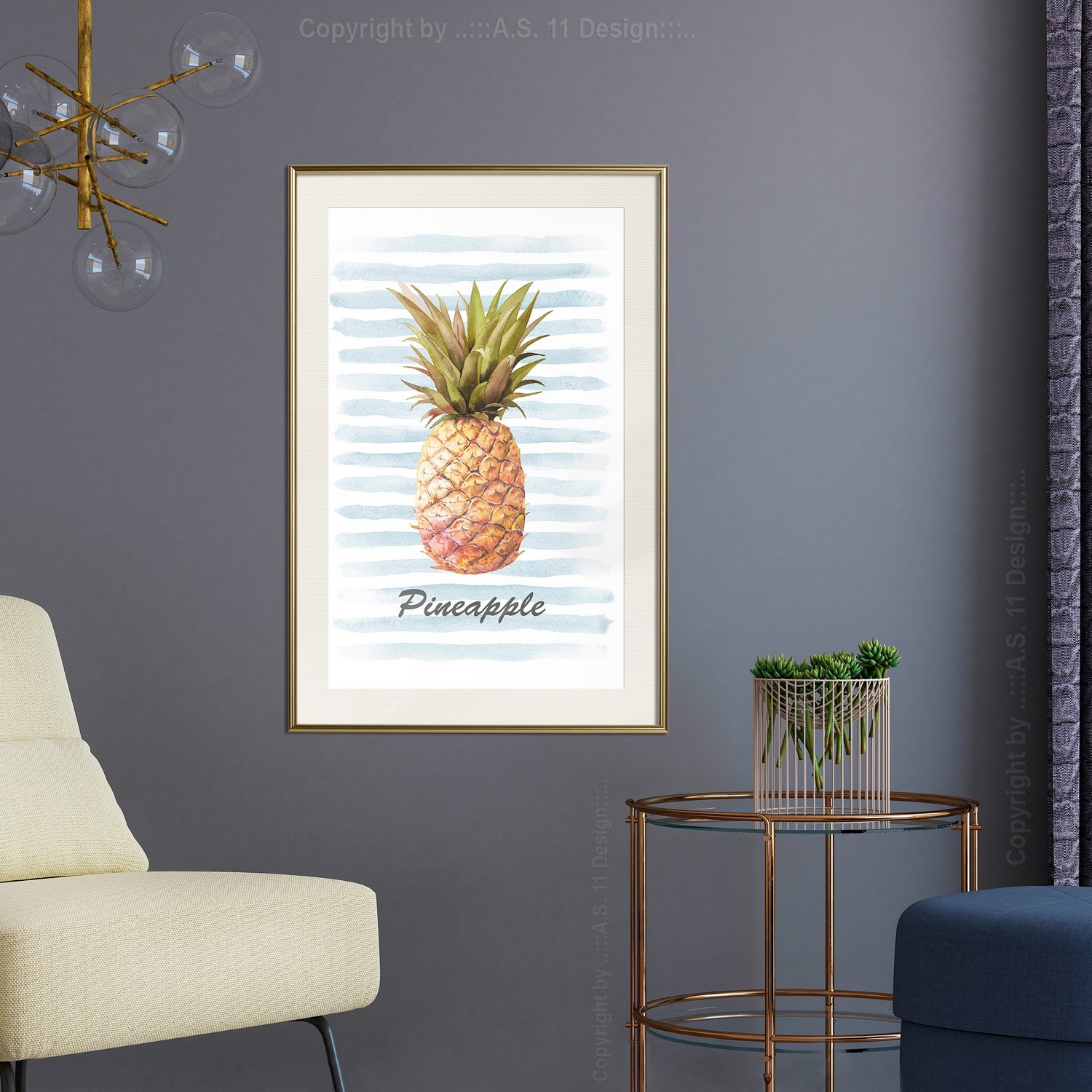 Affisch - Pineapple and Stripes [Poster] 20x30 Guld ram med passepartout, 20x30 cm