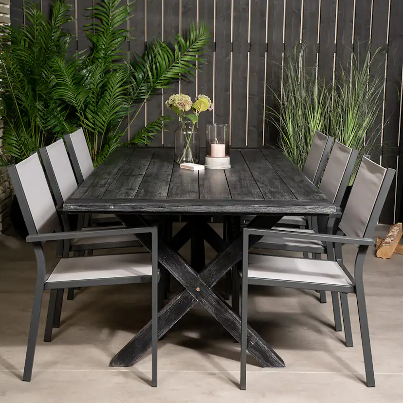 Rives bord 200*100cm-Svart Acacia+Copacabana stolSvart Alu6 Svart/Grå