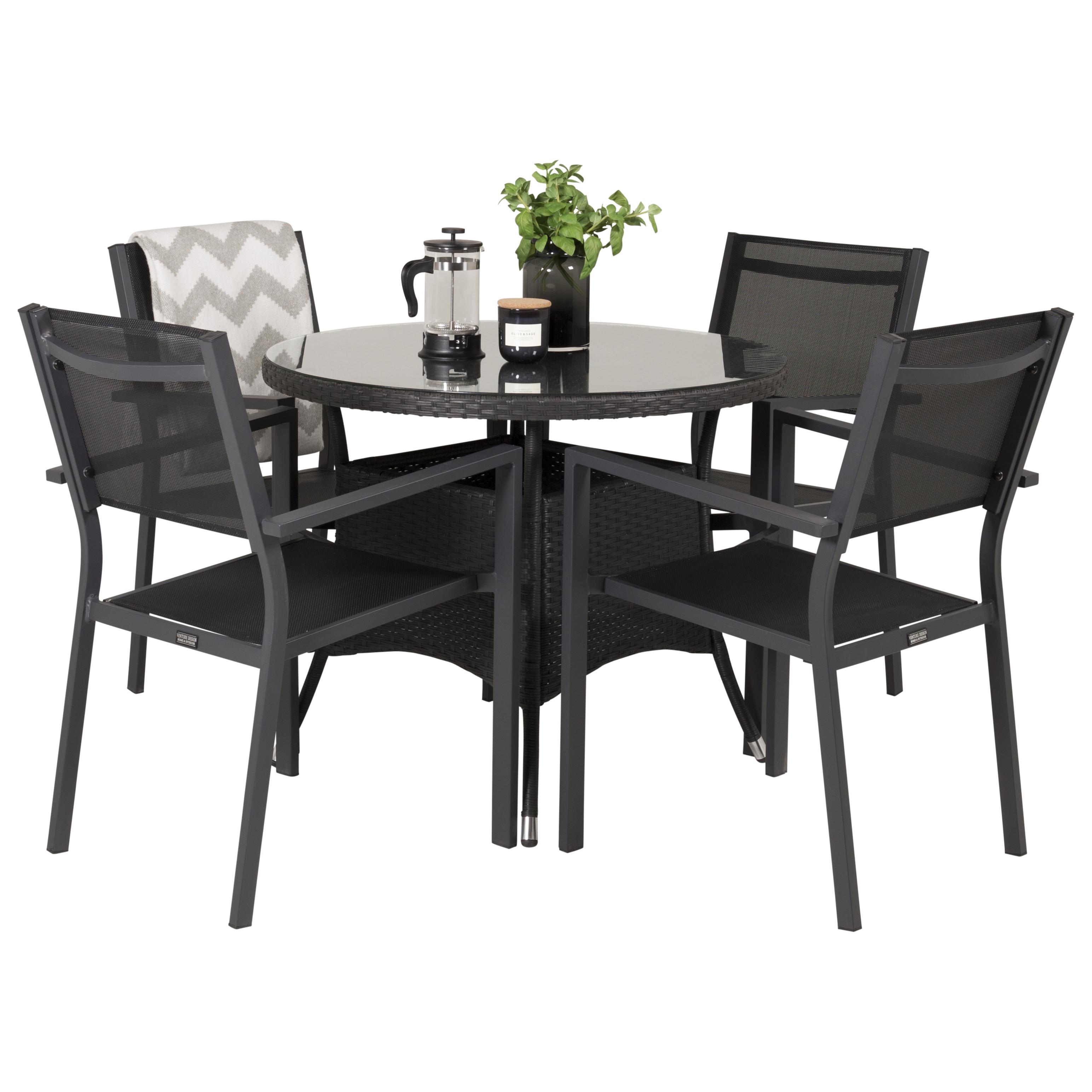 Volta bord-Svart-ø90+Copacabana stol-Svart Alu/Svart Textil4 Svart Bord, Svart Stol
