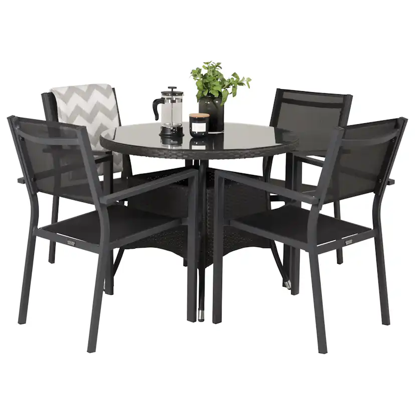 Volta bord-Svart-ø90+Copacabana stol-Svart Alu/Svart Textil4 Svart Bord, Svart Stol